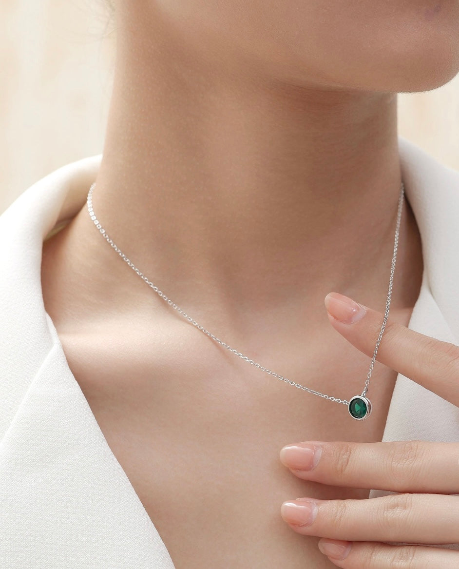 925 Sterling Silver Simulated Emerald Solitaire Necklace