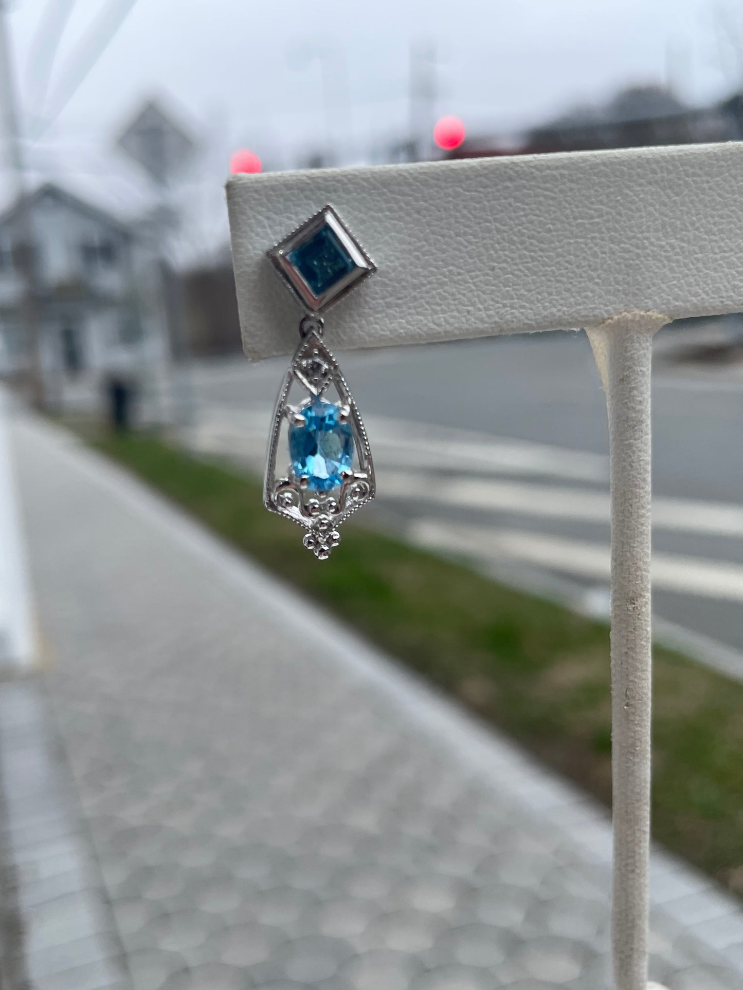 14k White Gold Blue Topaz & Diamond Drop Earrings