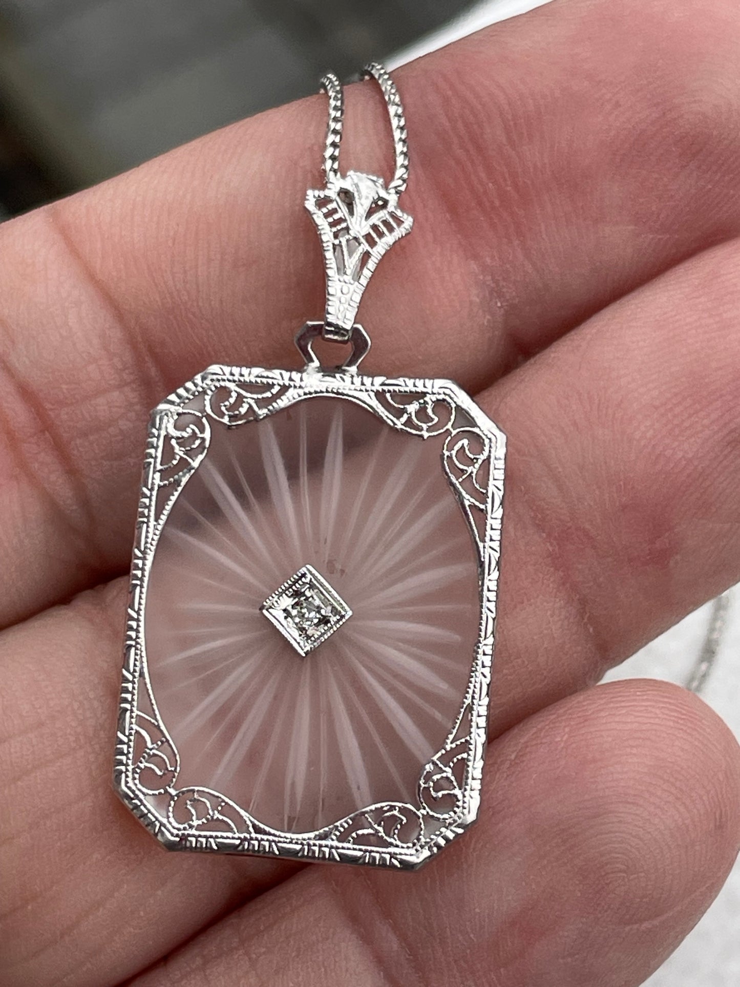 Antique 14k White Gold & Diamond Camphor Glass Necklace