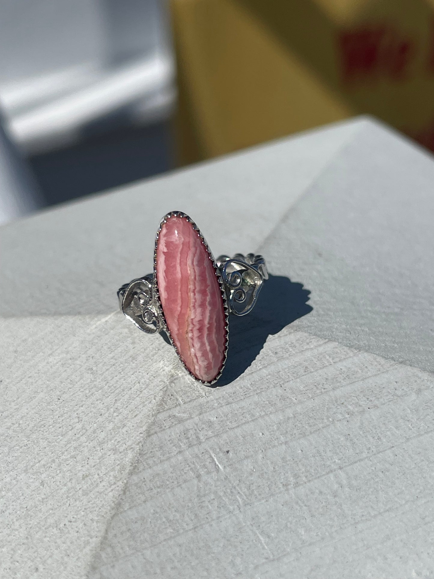 925 Sterling Silver Rhodonite Oblong Stone Ring