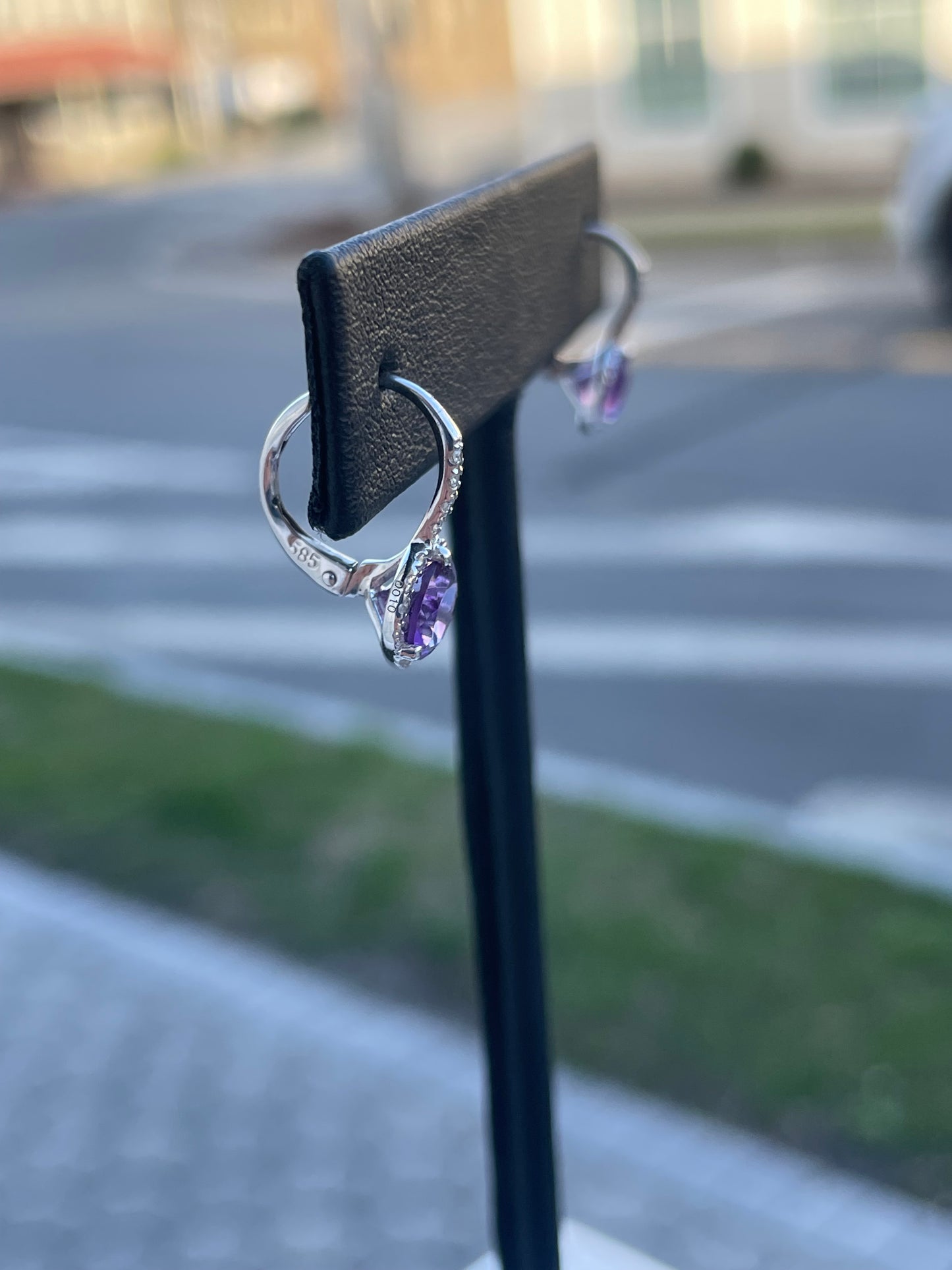 14k White Gold Amethyst & Diamond Leverback Dangle Earrings