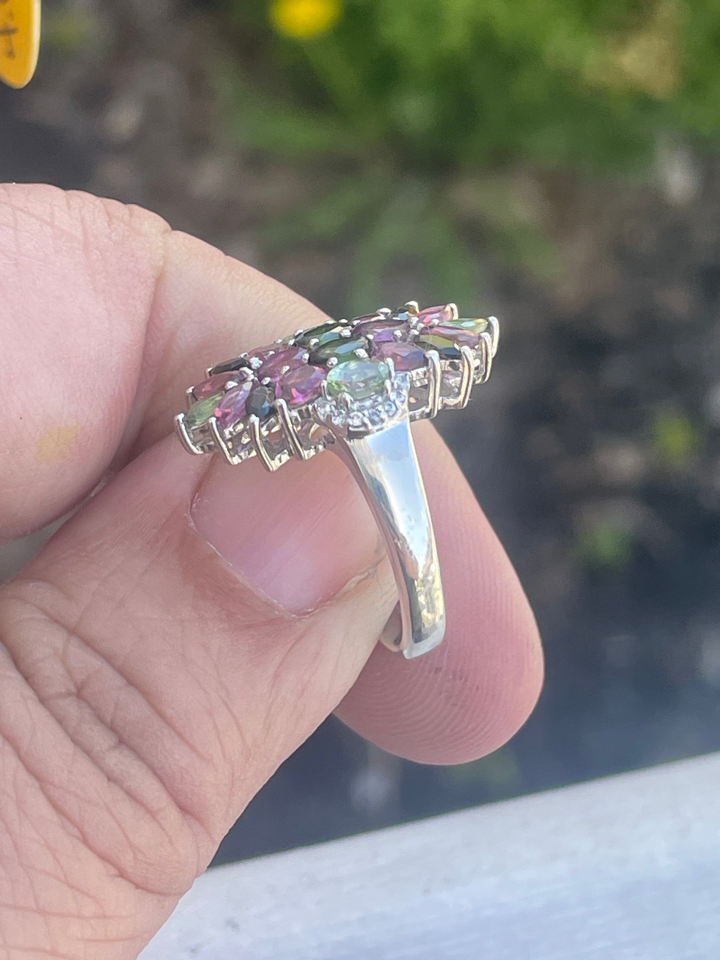 925 Sterling Silver Pink Tourmaline, Green Tourmaline & Praisolite Cluster Ring Size 6