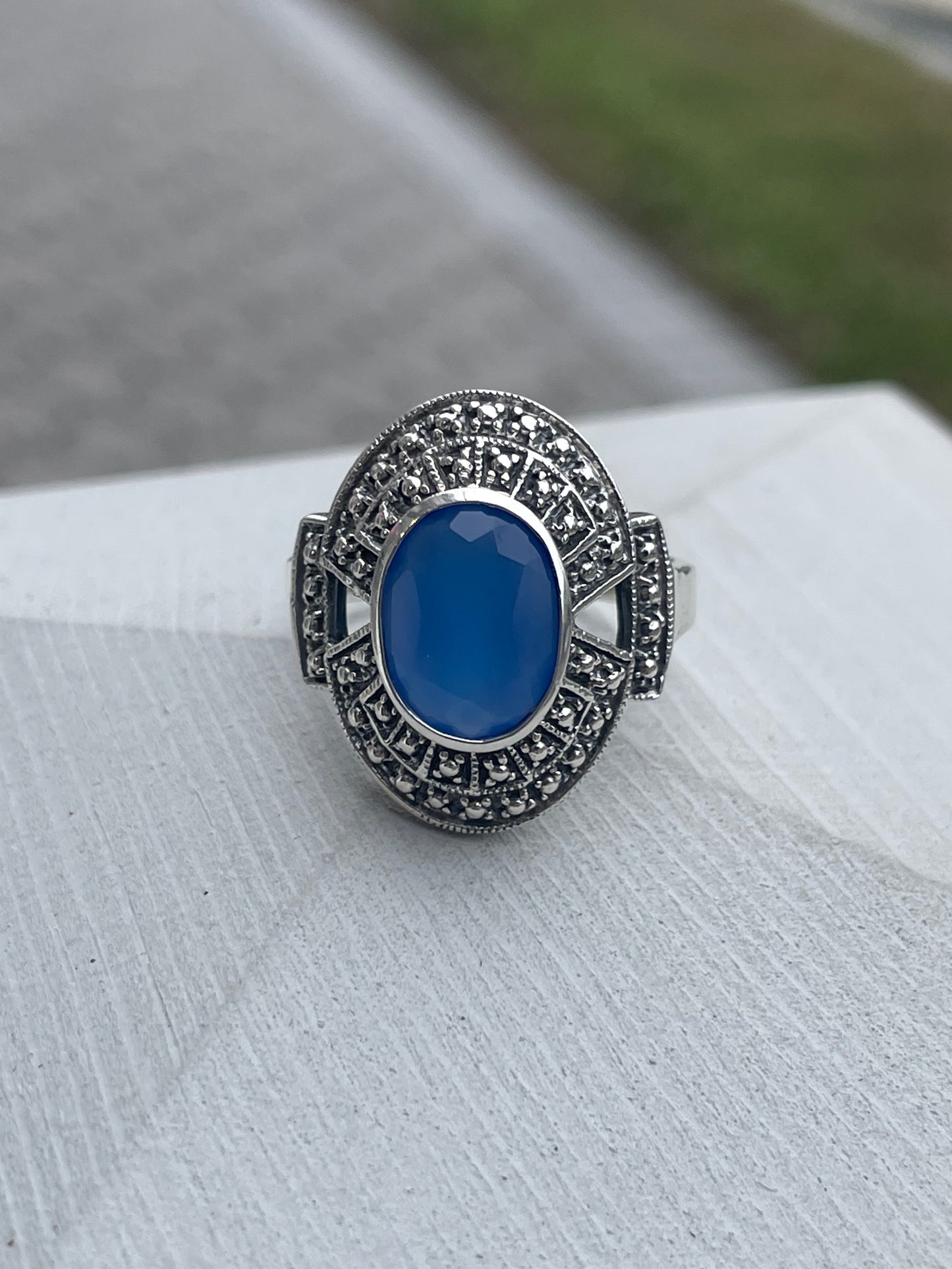 925 Sterling Silver Simulated Blue Chalcedony & Marcasite Shield Ring