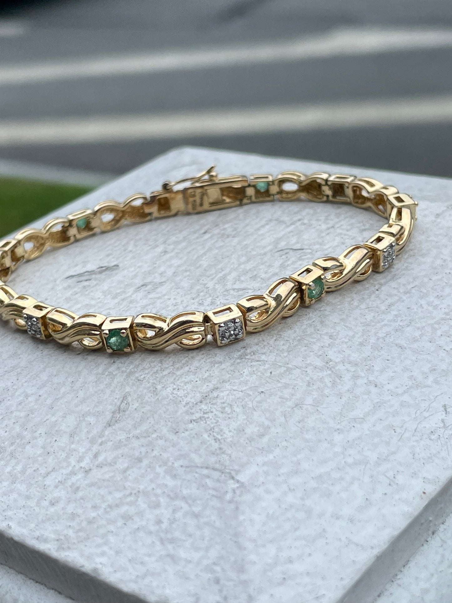 925 Sterling Silver Vermeil Natural Emerald & Diamond XO Bracelet 7.25”
