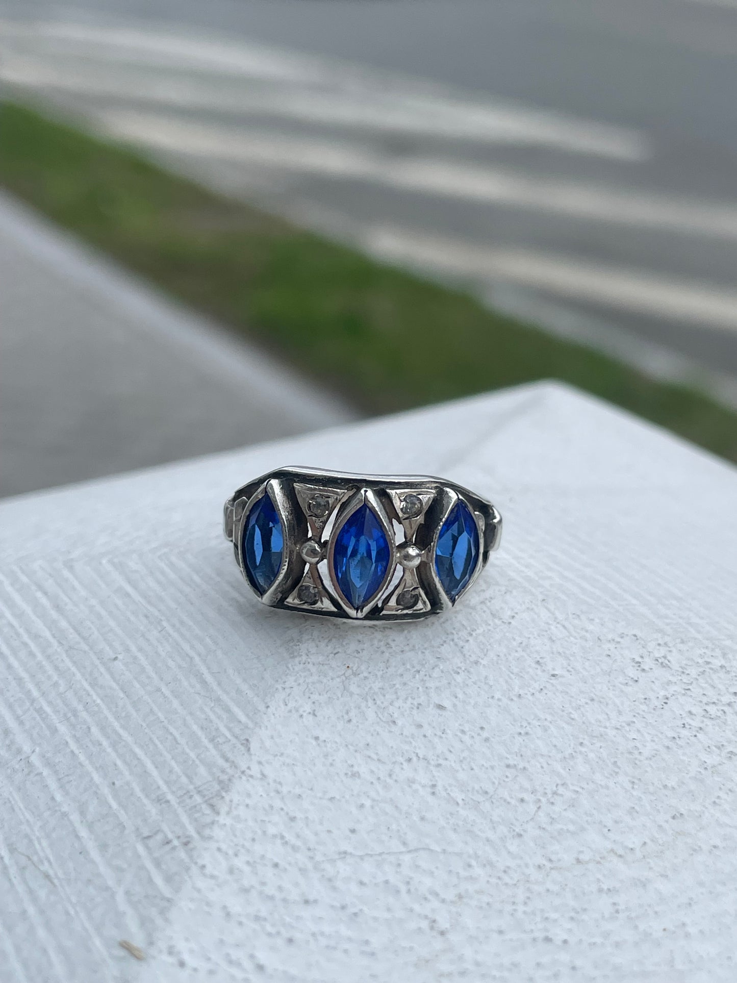 Vintage 925 Sterling Silver Simulated Sapphire & White Topaz Band Ring Size 8