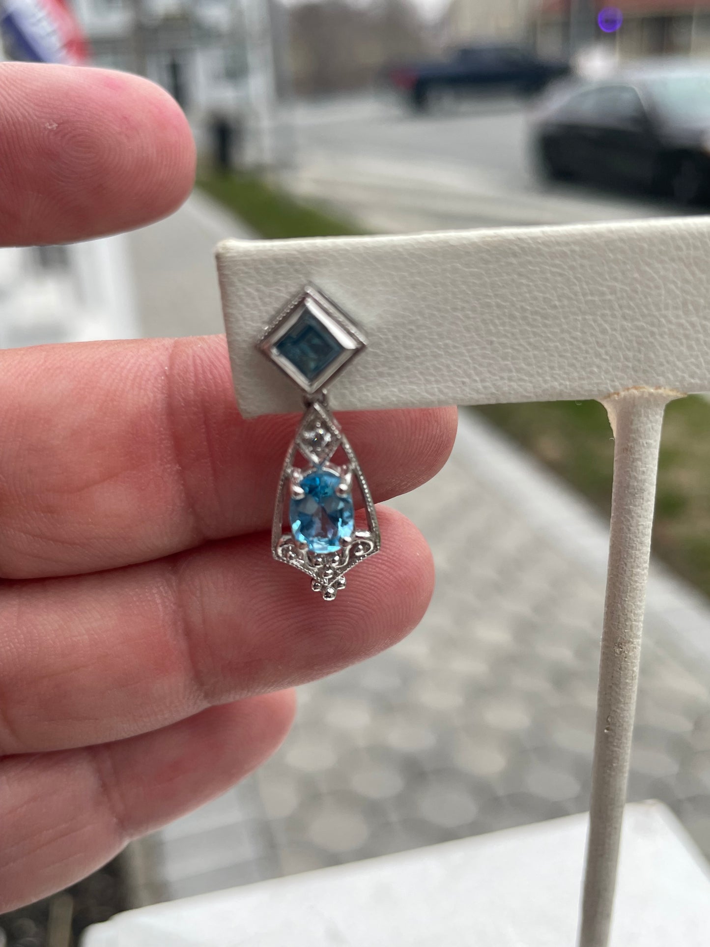 14k White Gold Blue Topaz & Diamond Drop Earrings