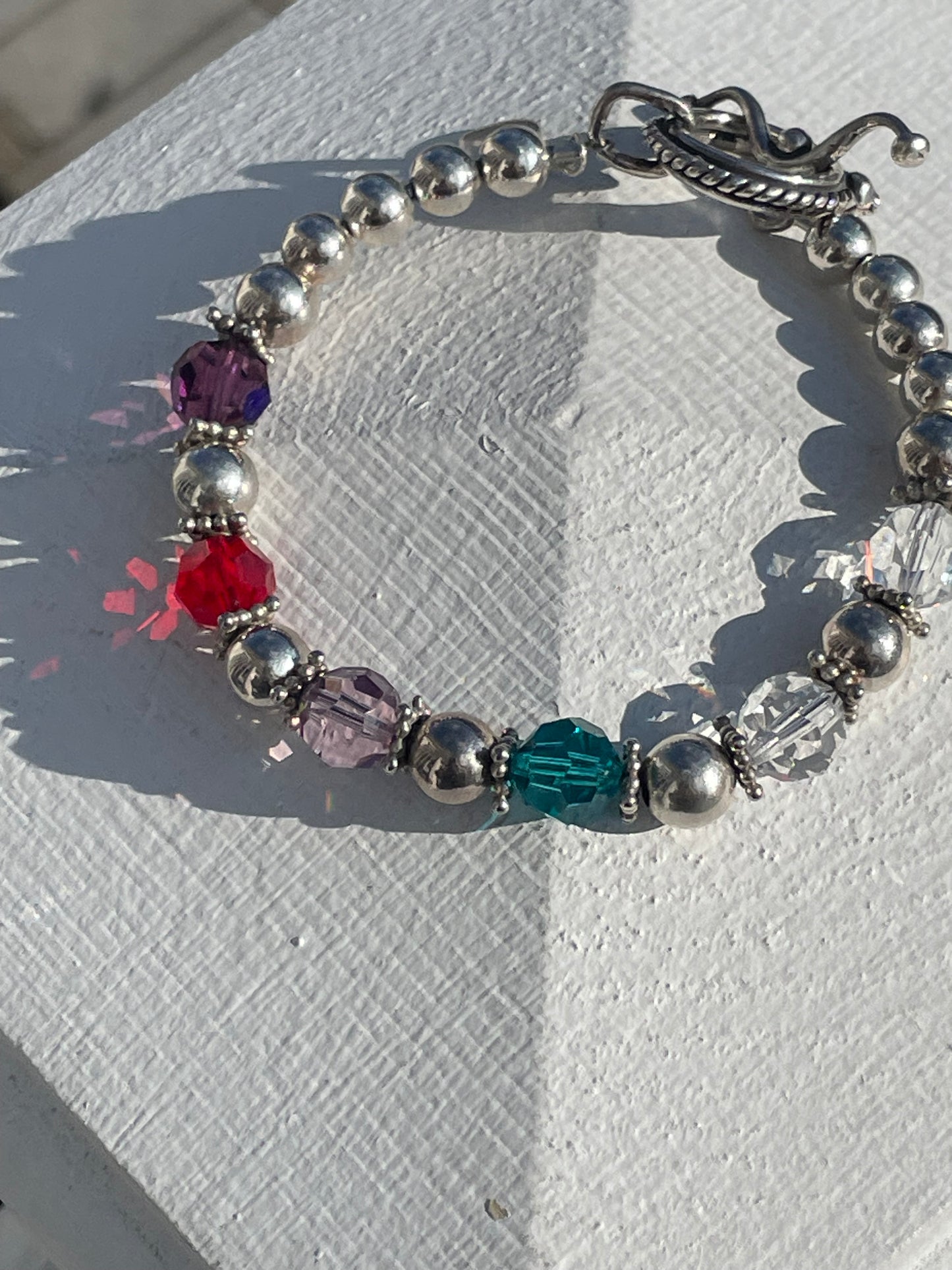 925 Sterling Silver Colored Crystal Beaded Bracelet 7.5”