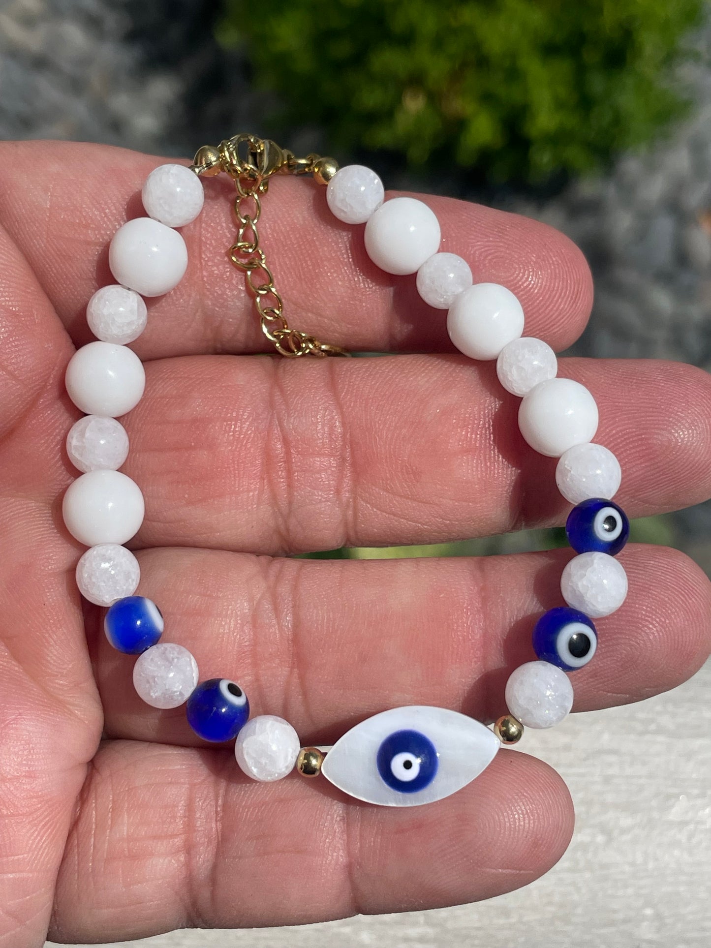 Stainless Steel Vermeil White & Blue Beaded Evil Eye Bracelet 7”-8.5”