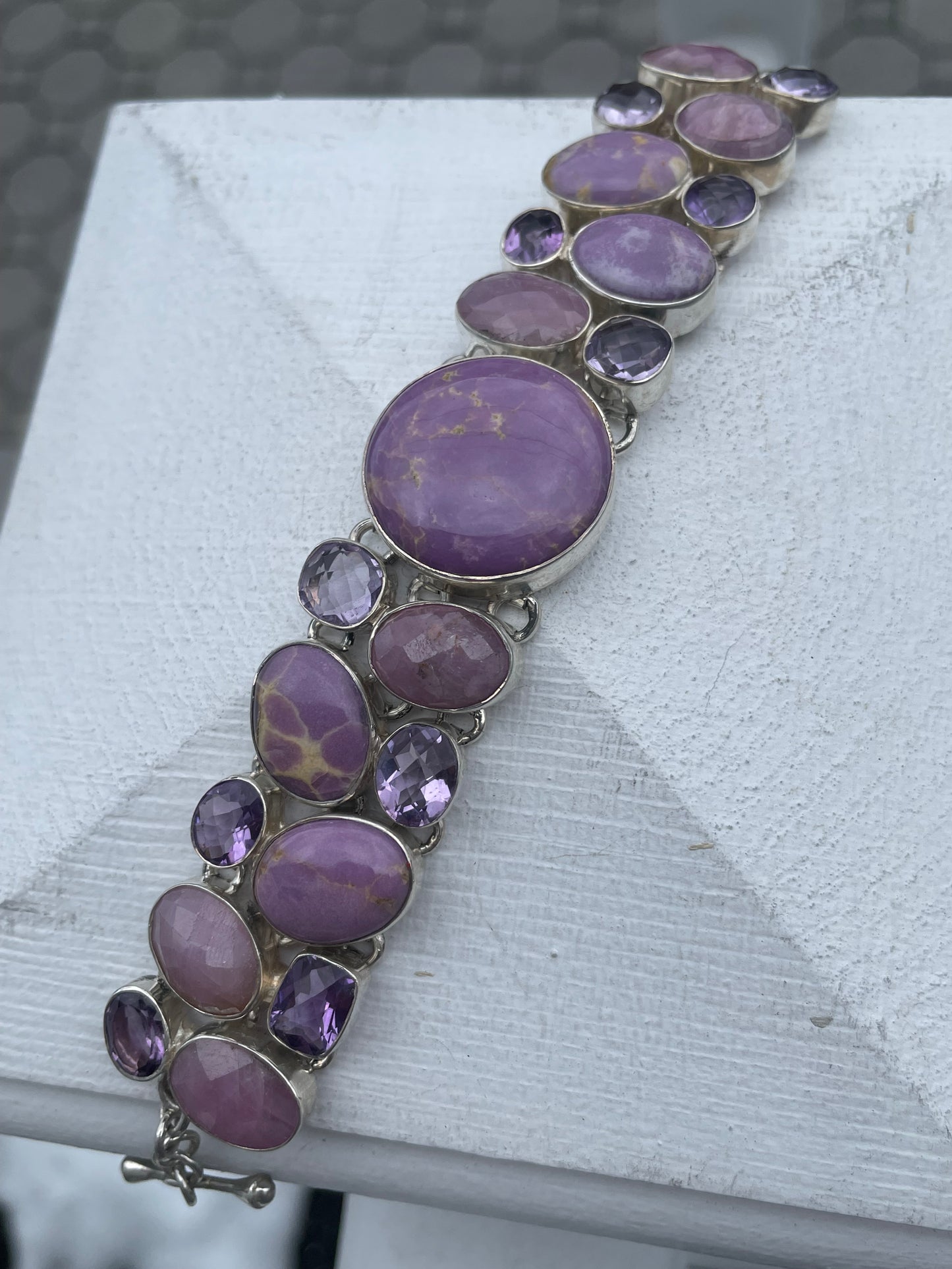 925 Sterling Silver Large Stone Cluster Bracelet ~ Amethyst Rose Quartz & Lavender Agate 8”