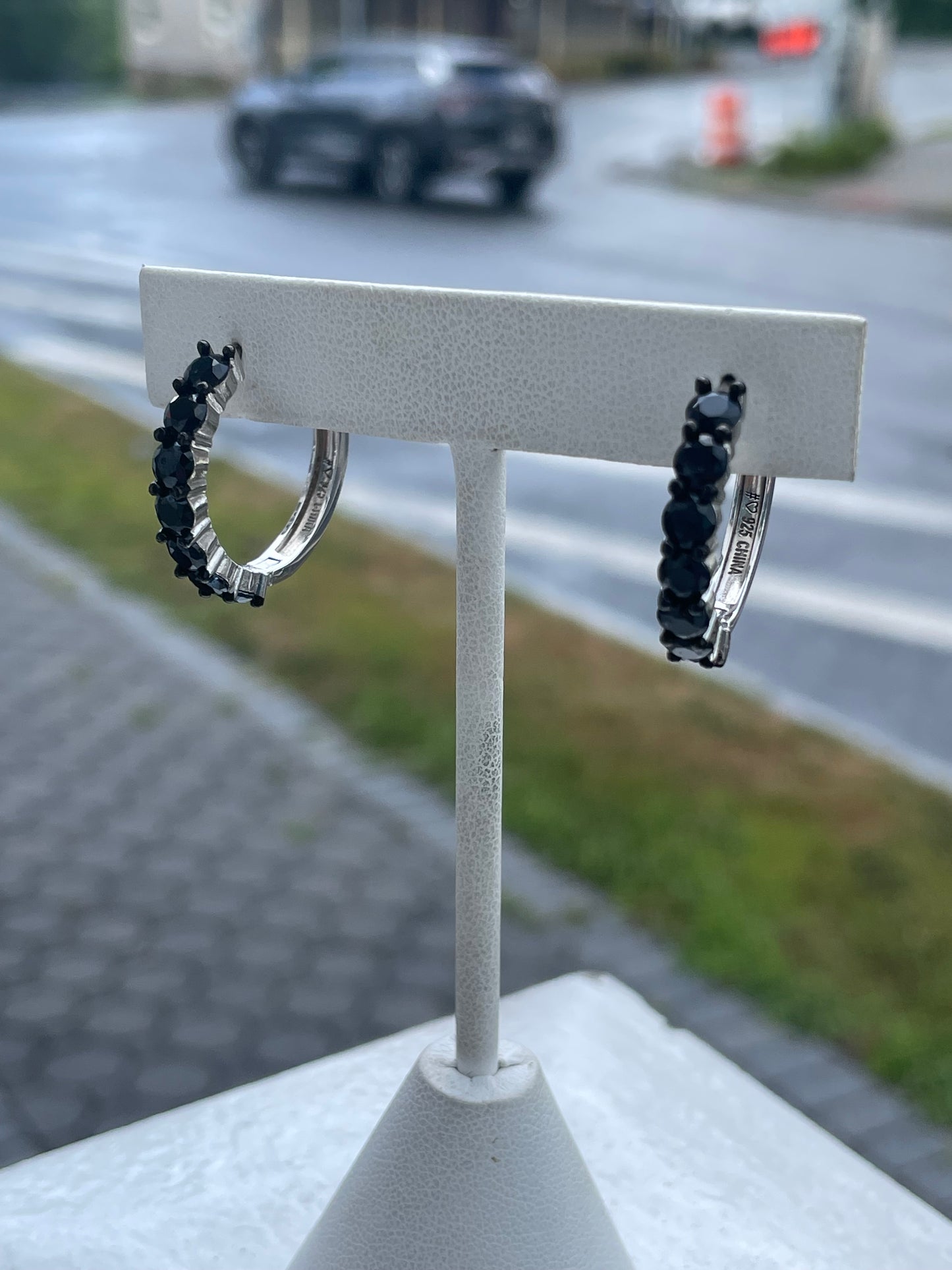 925 Sterling Silver Black Zirconia Hoop Earrings