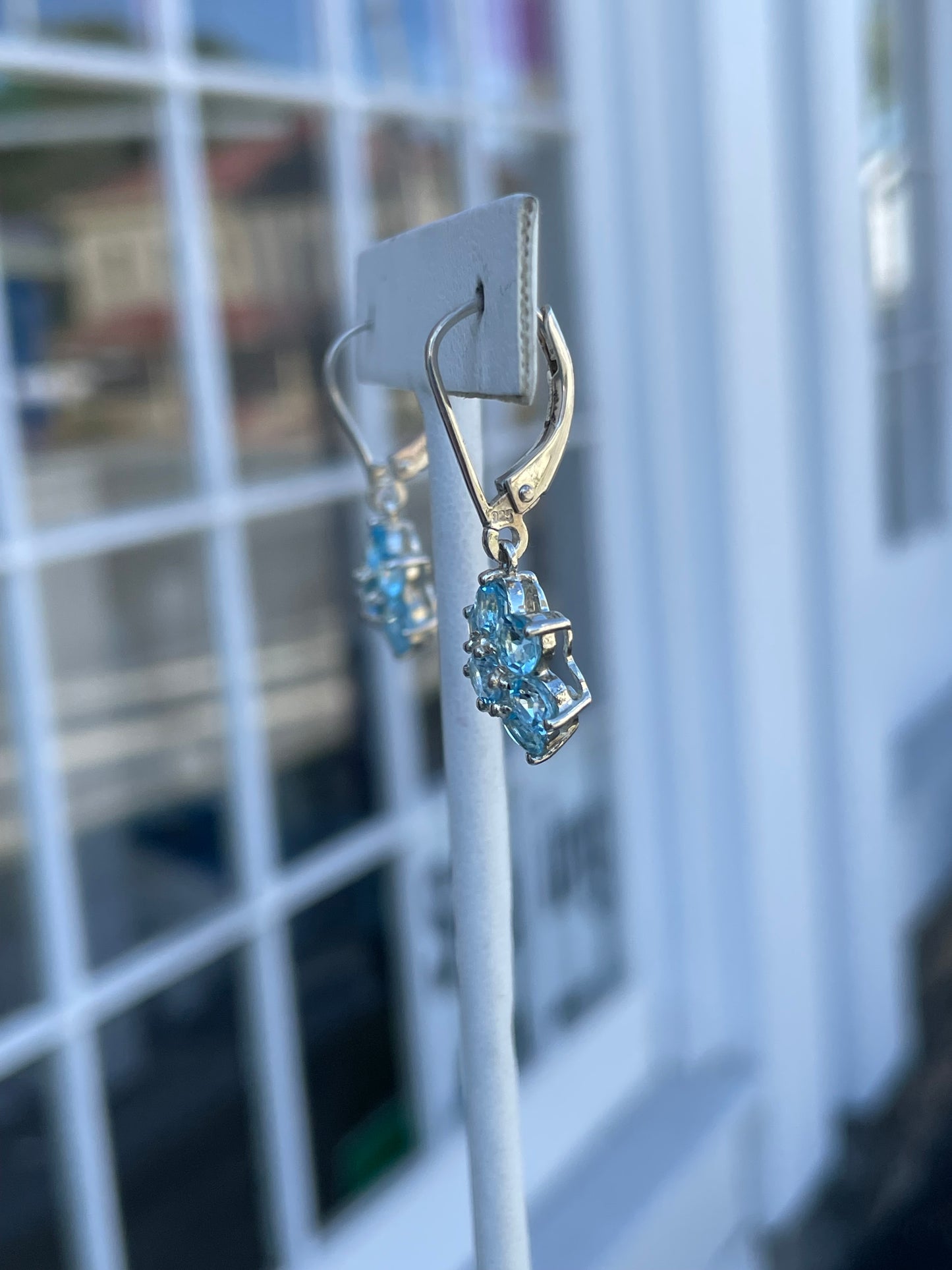 925 Sterling Silver Blue Topaz Dangle Flower Earrings