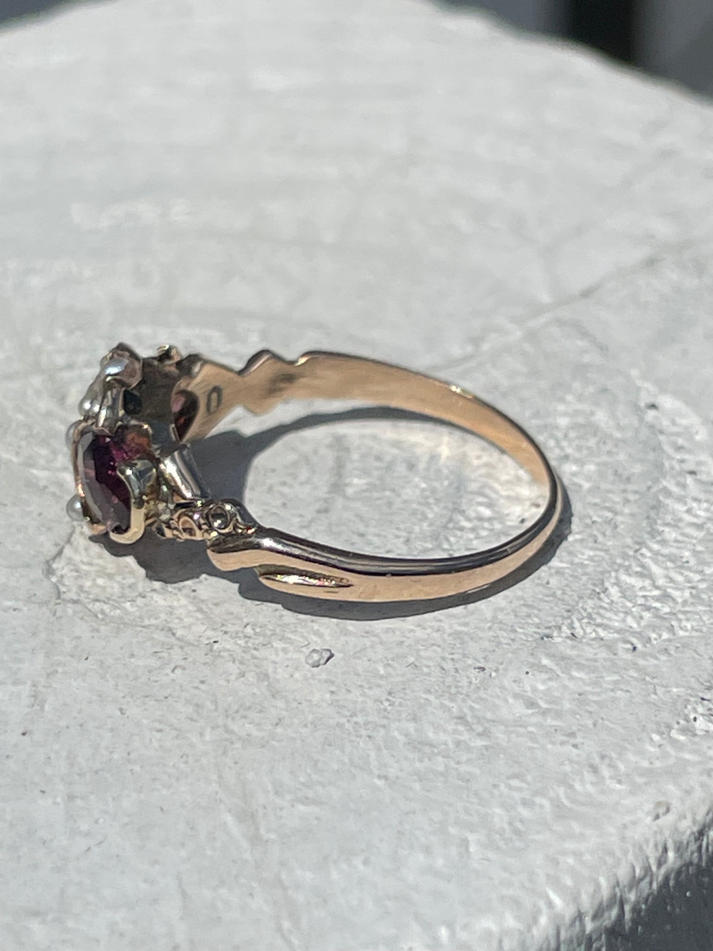 10k Gold Antique Rhodolite Garnet & Southwest India Pearl Cluster Ring