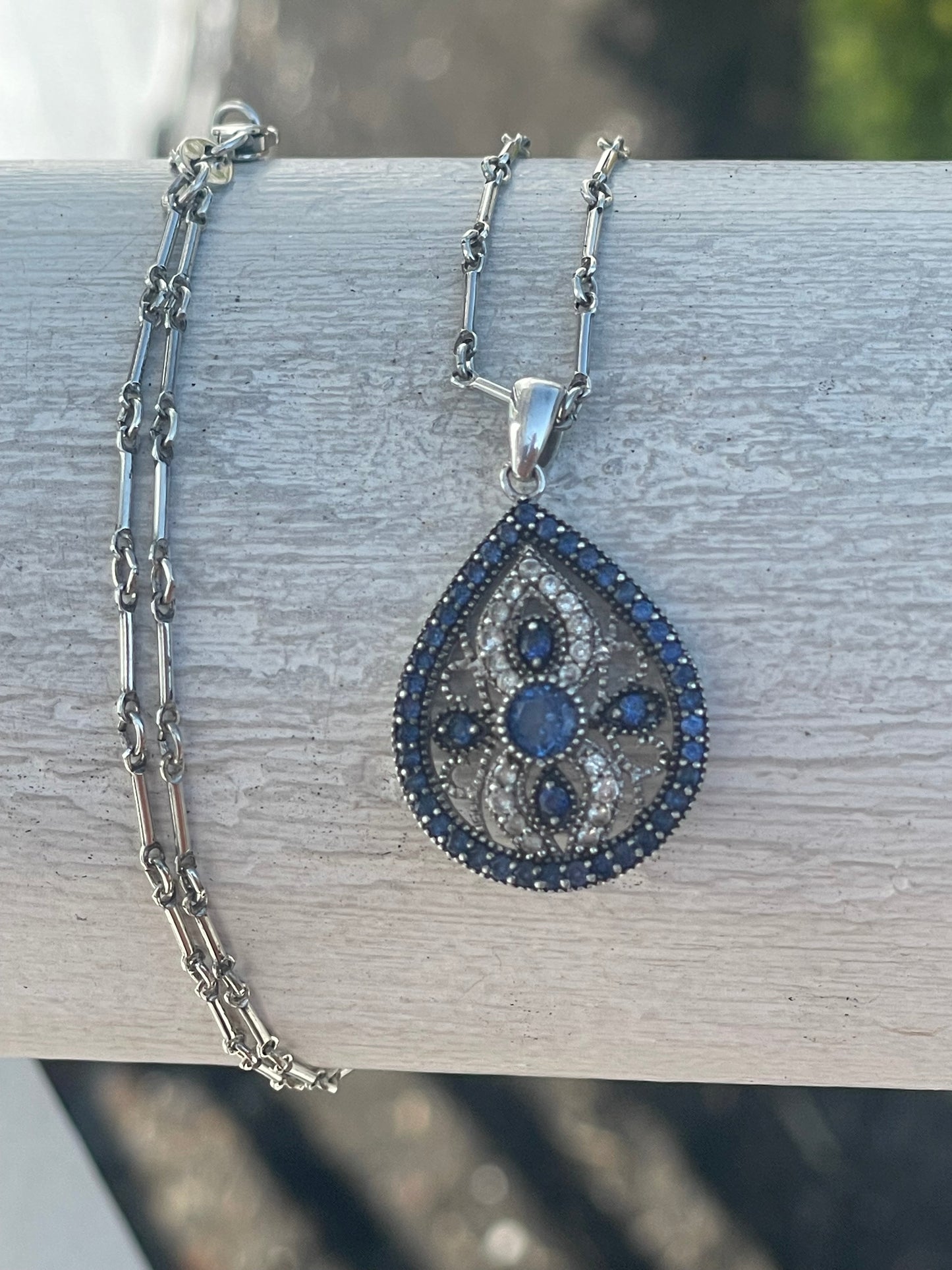 925 Sterling Silver Filigree Art Deco Necklace w/ Sapphire & White Topaz Stones