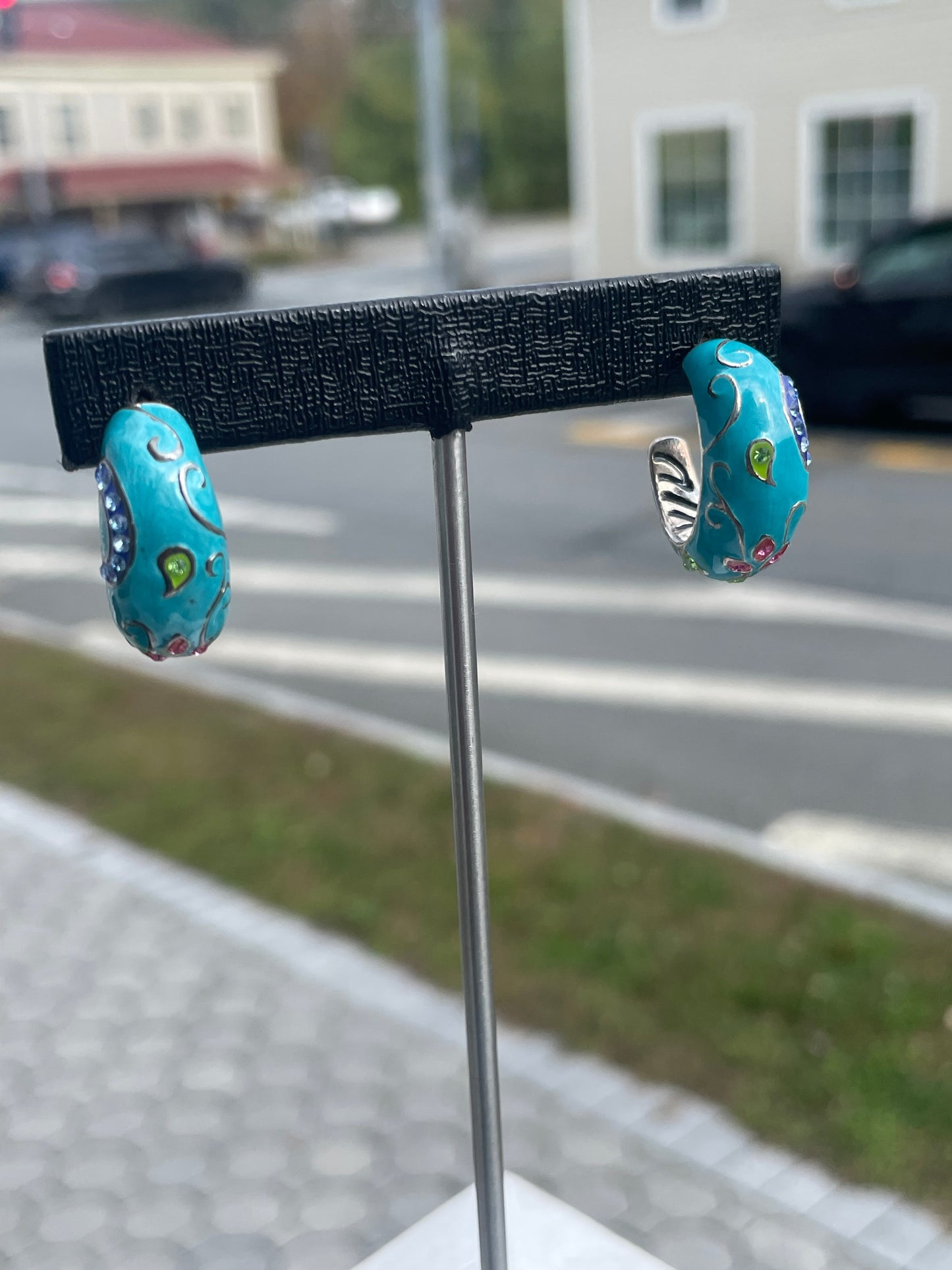 Designer David Sigal Decorative Blue Enamel 3/4 Hoop Earrings
