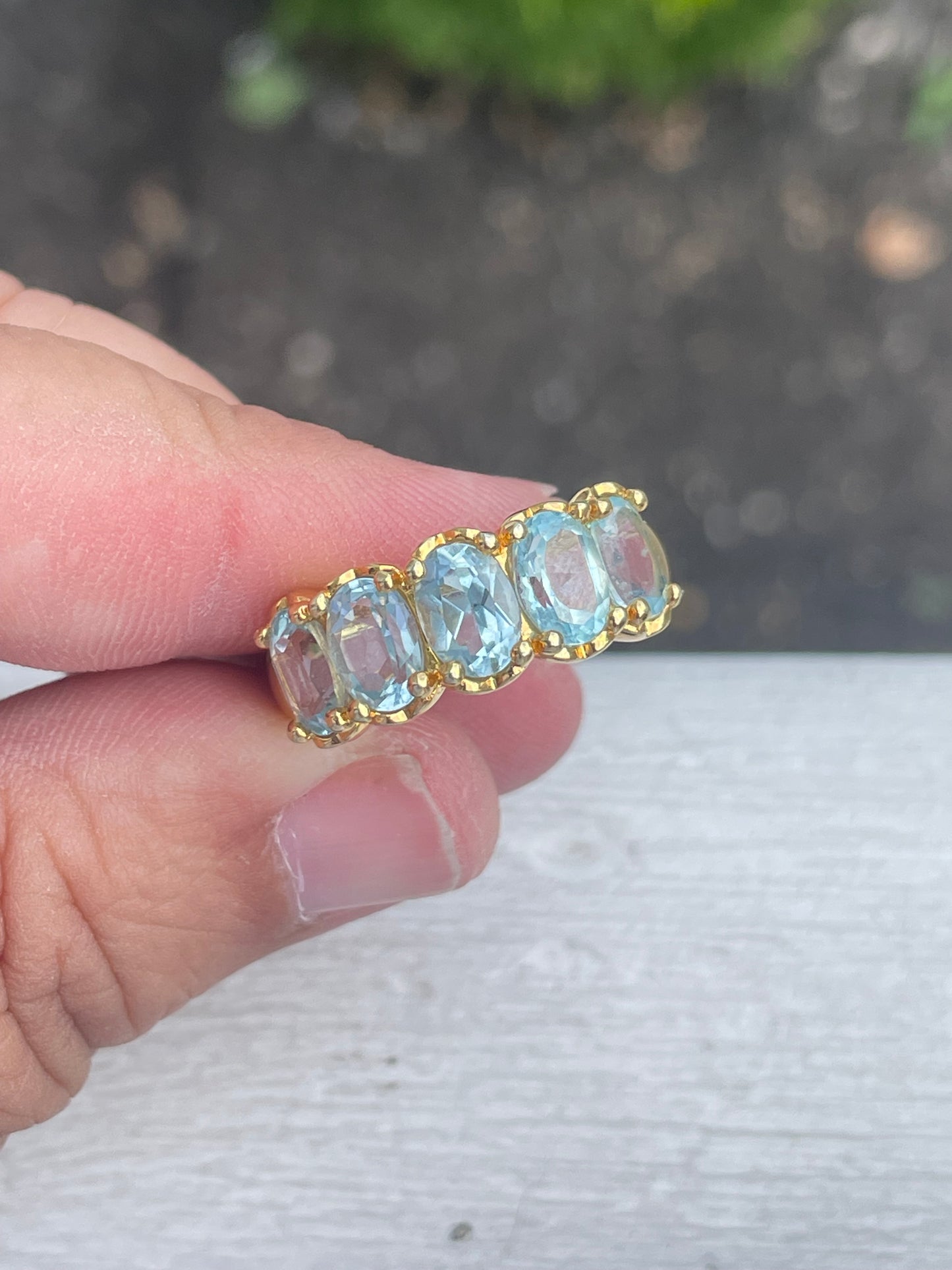 925 Sterling Silver Vermeil Sky Blue Topaz Stone Band Ring Size 9