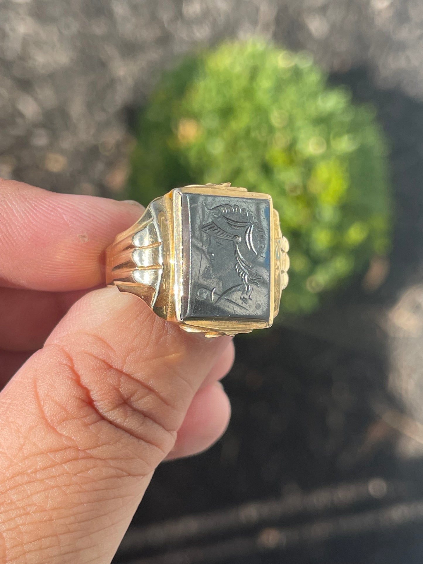 10k Gold Men’s Hematite Roman Warrior Intaglio Signet Ring