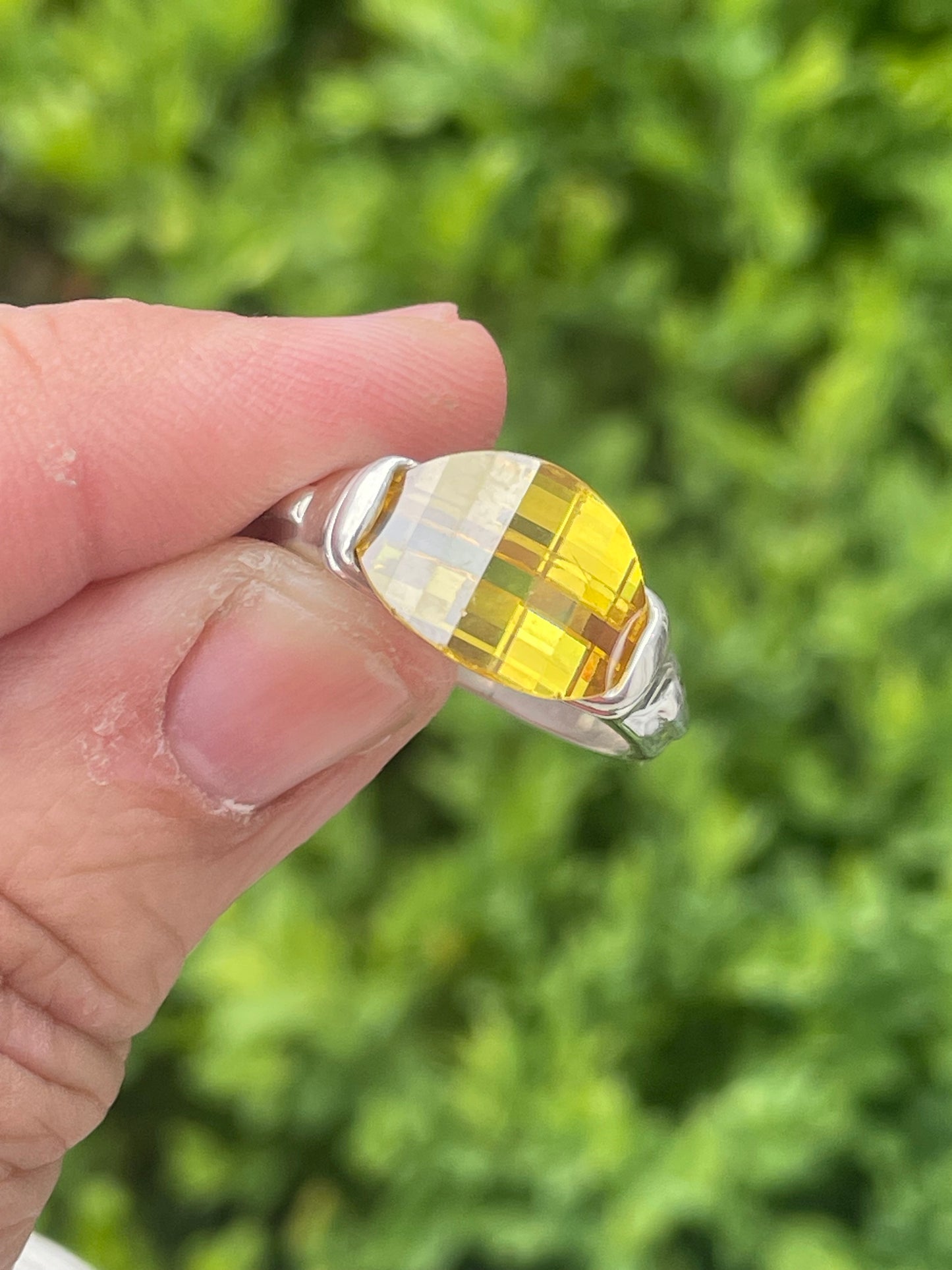 925 Sterling Silver Curved Oval Multifaceted Synthetic Citrine Ring
