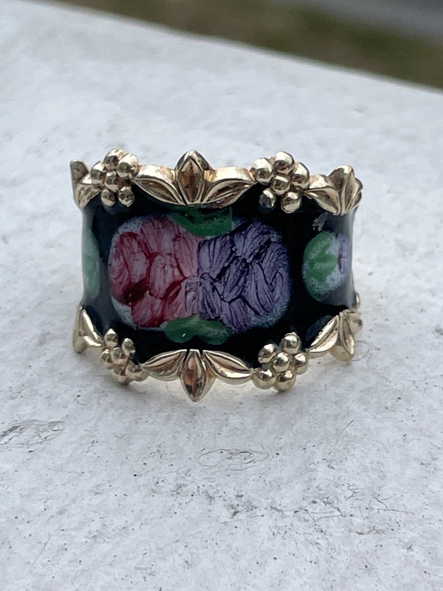 925 Sterling Silver Vermeil Hand Enameled Flower Band Ring Size 8