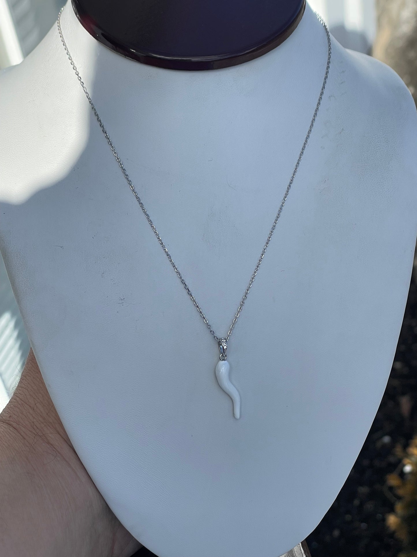 925 Sterling Silver White Enamel Italian Horn Necklace 16”-18”