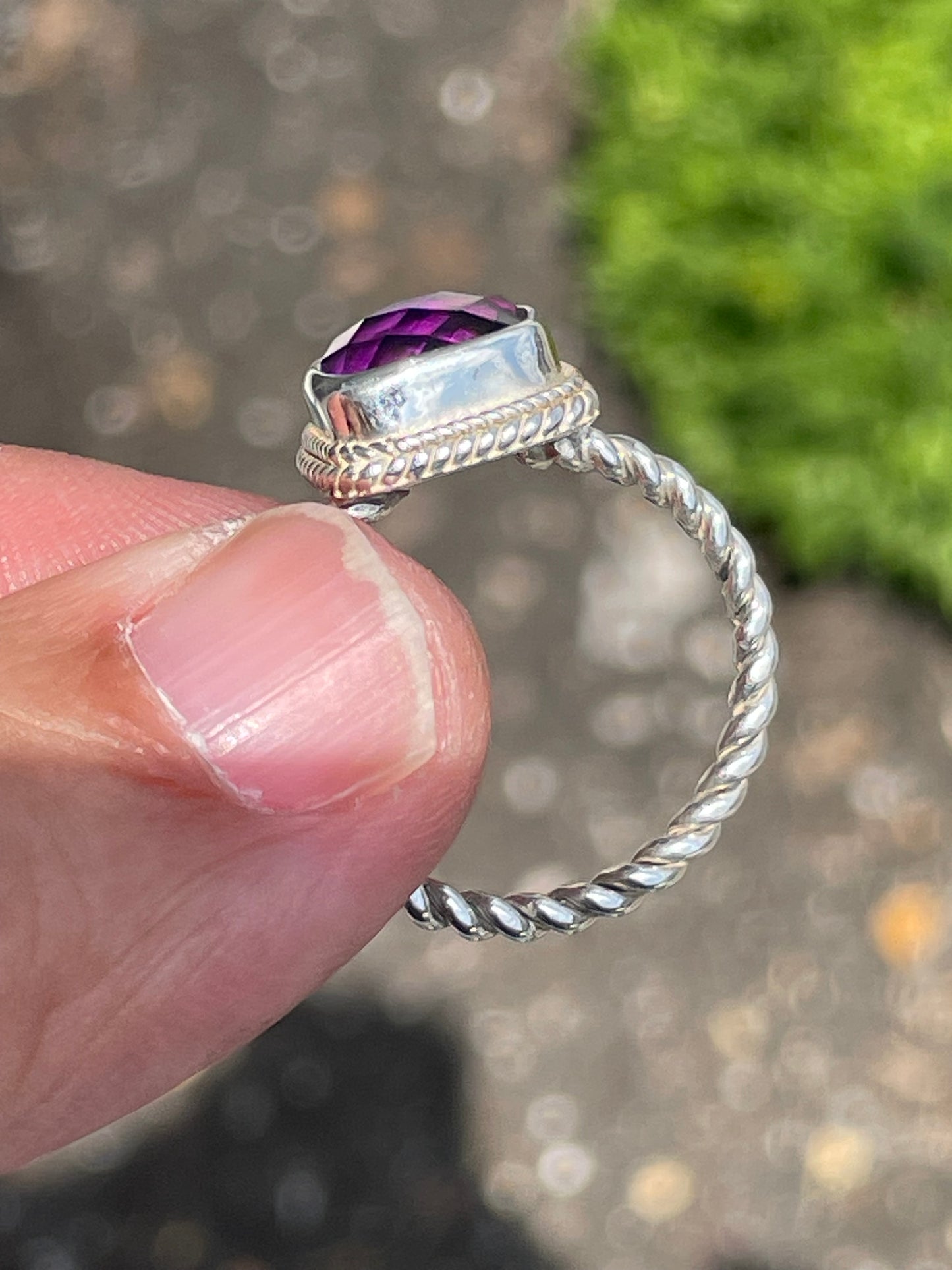 925 Sterling Silver Cushion Cut Amethyst Cable Band Ring Size 9