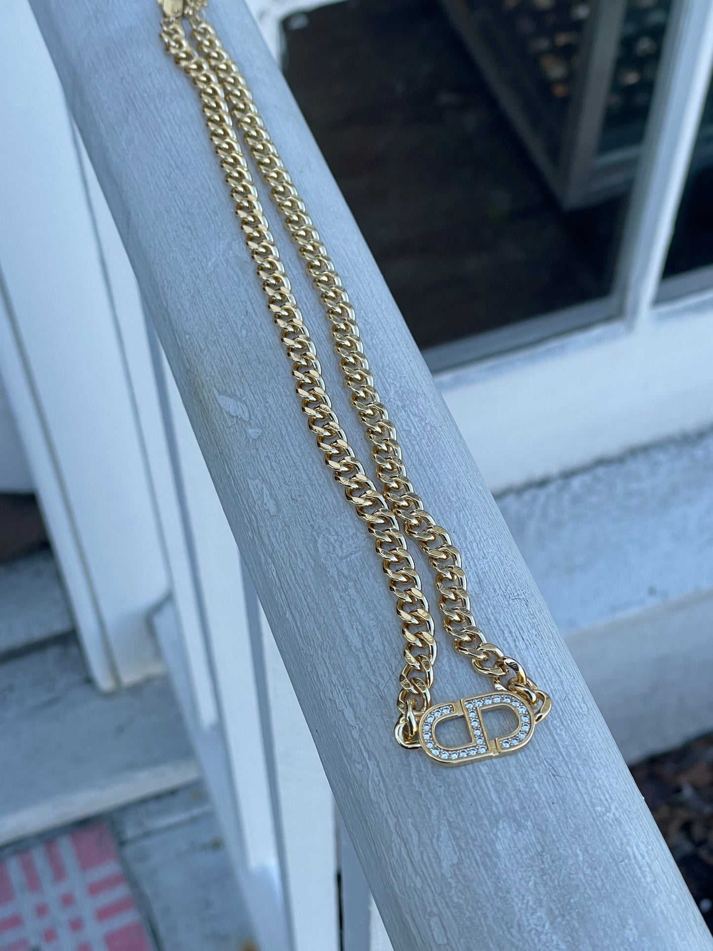 Gold Plated CD Christian Dior Lookalike Cuban Link Chunky Choker Necklace