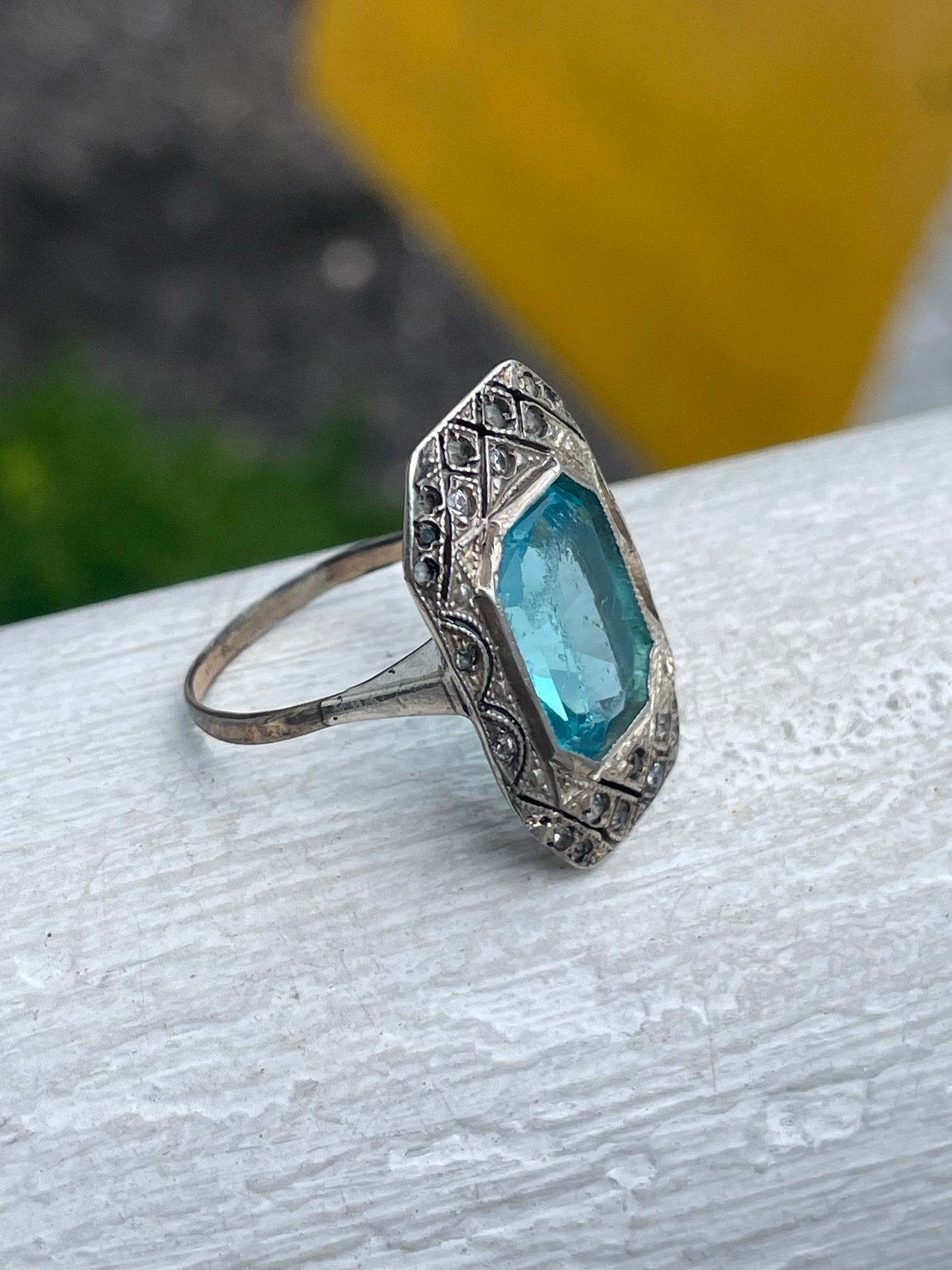925 Sterling Silver Antique Blue Topaz & Marcasite Art Deco Ring