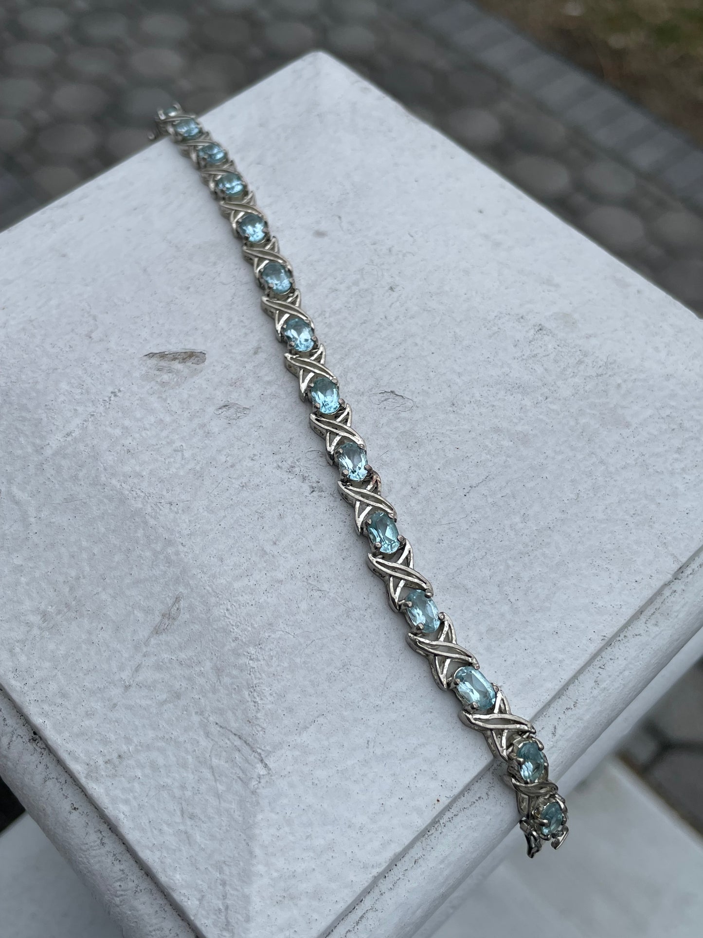 925 Sterling Silver Aquamarine Hugs & Kisses Tennis Bracelet 7”