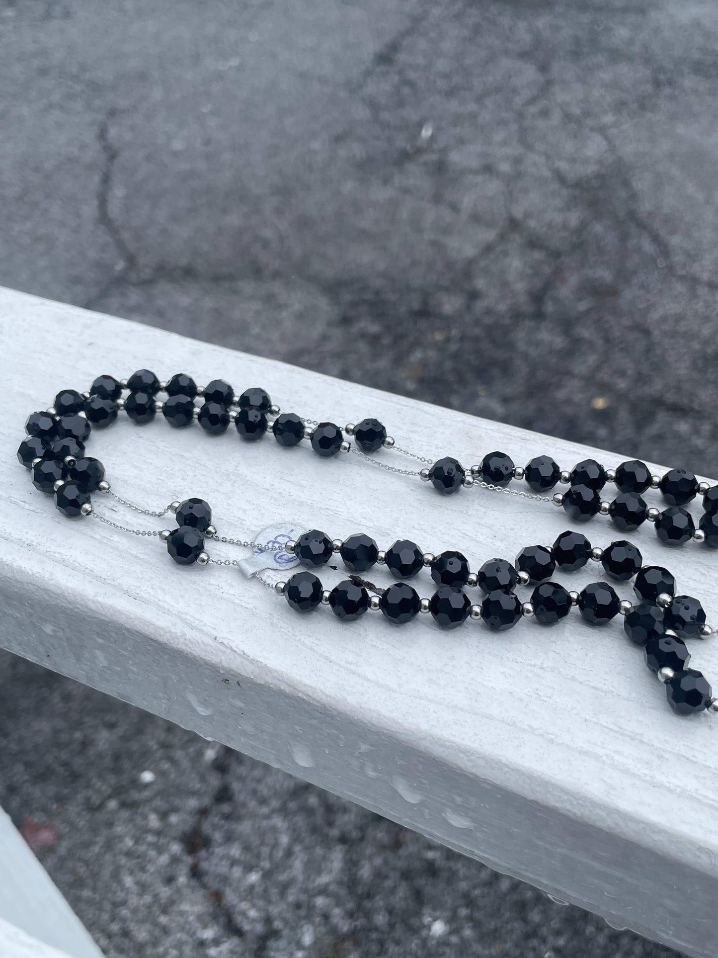 Stainless Steel Black Crystal Beaded 30” Rosary Necklace