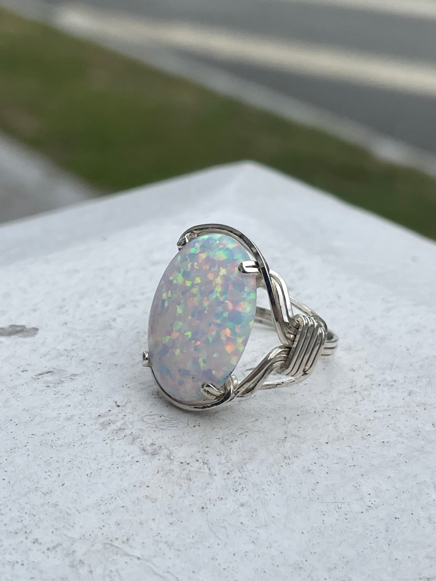925 Sterling Silver Large Oval Opal Ring Size 5