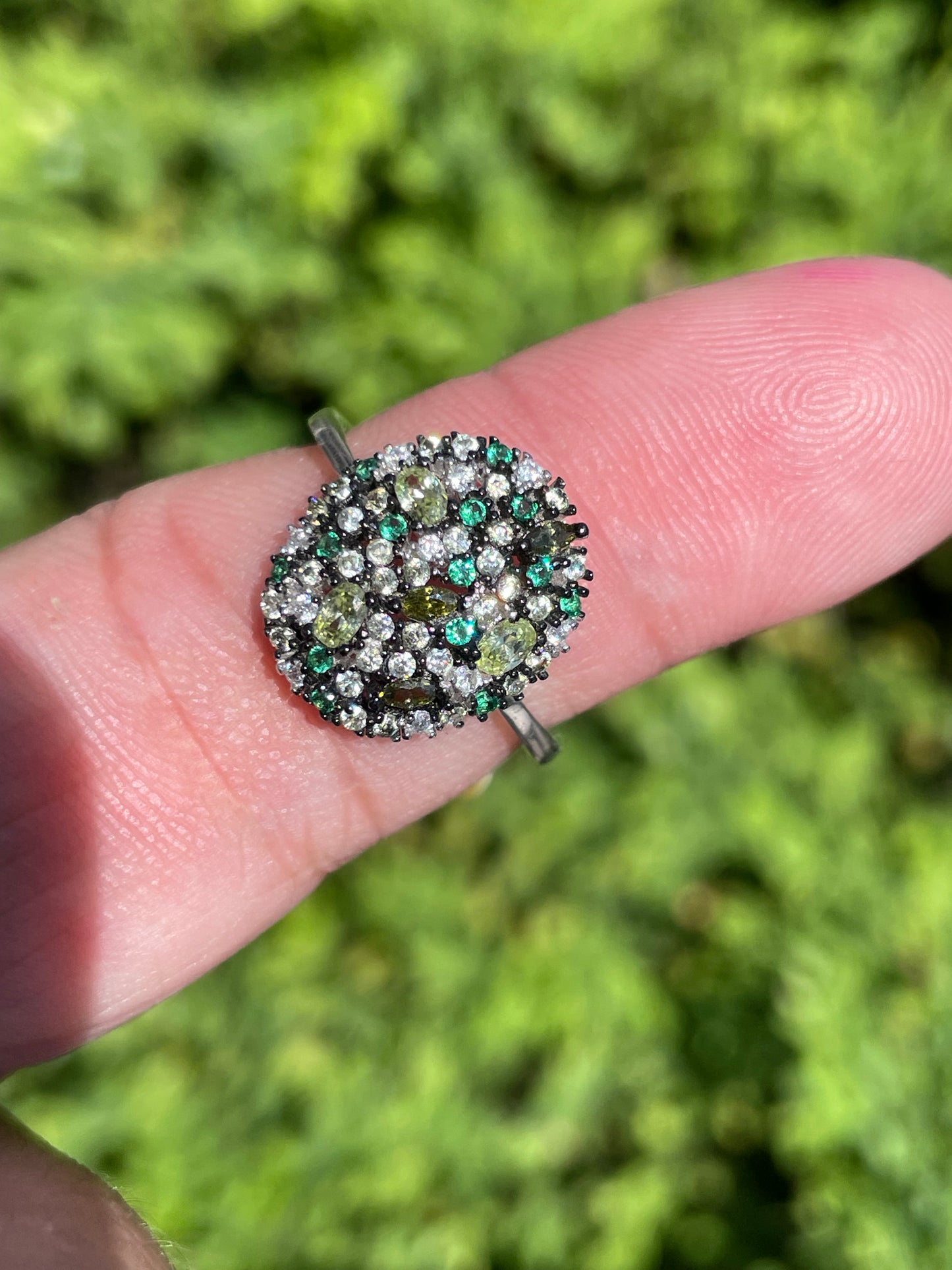 925 Sterling Silver Multi-Color Peridot, Emerald, and Cz Cluster Ring