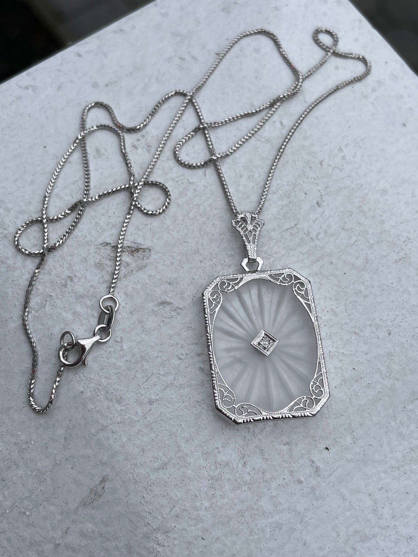 Antique 14k White Gold & Diamond Camphor Glass Necklace