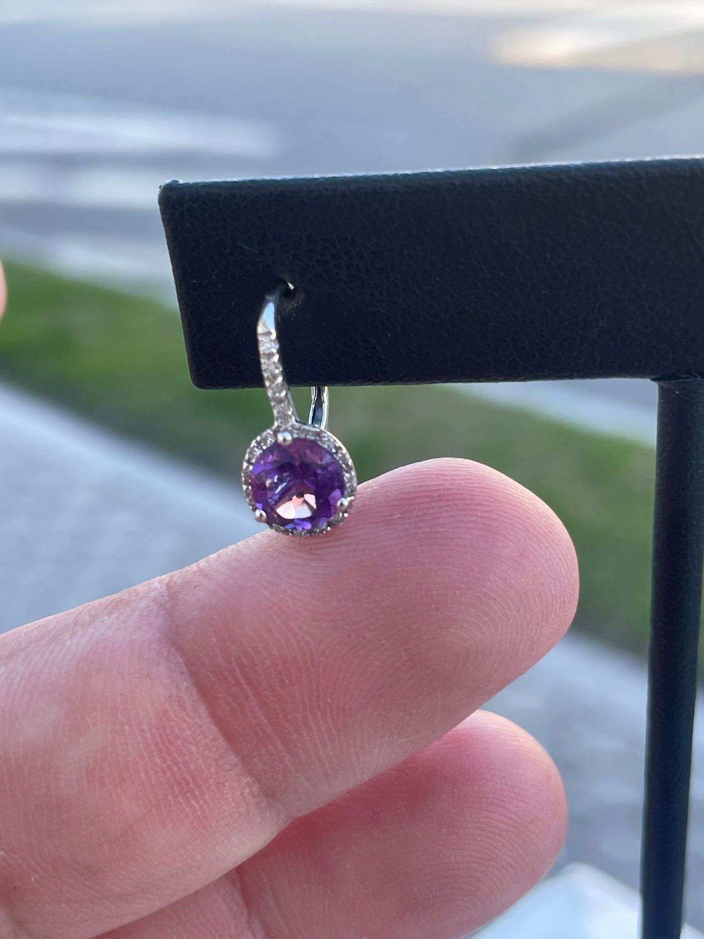 14k White Gold Amethyst & Diamond Leverback Dangle Earrings