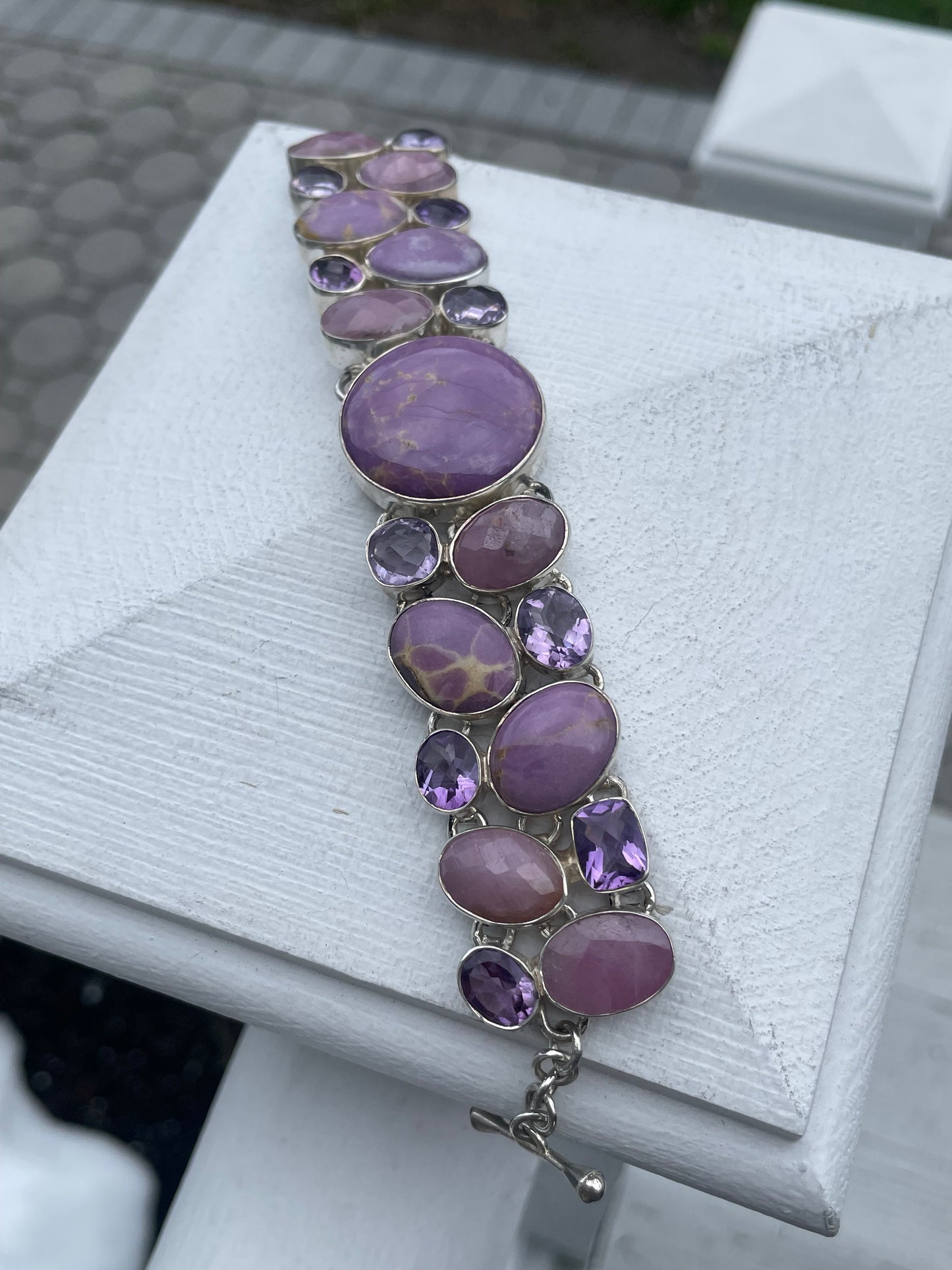 925 Sterling Silver Large Stone Cluster Bracelet ~ Amethyst Rose Quartz & Lavender Agate 8”