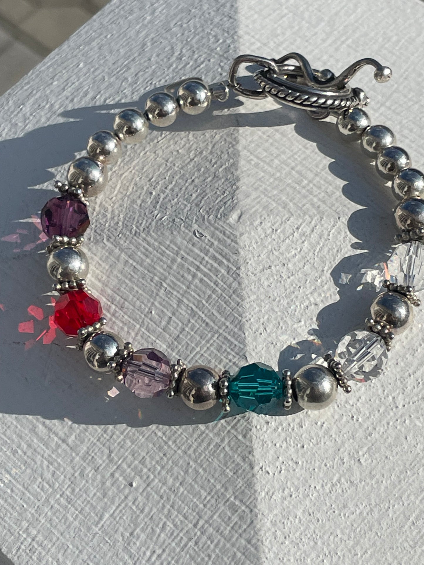 925 Sterling Silver Colored Crystal Beaded Bracelet 7.5”