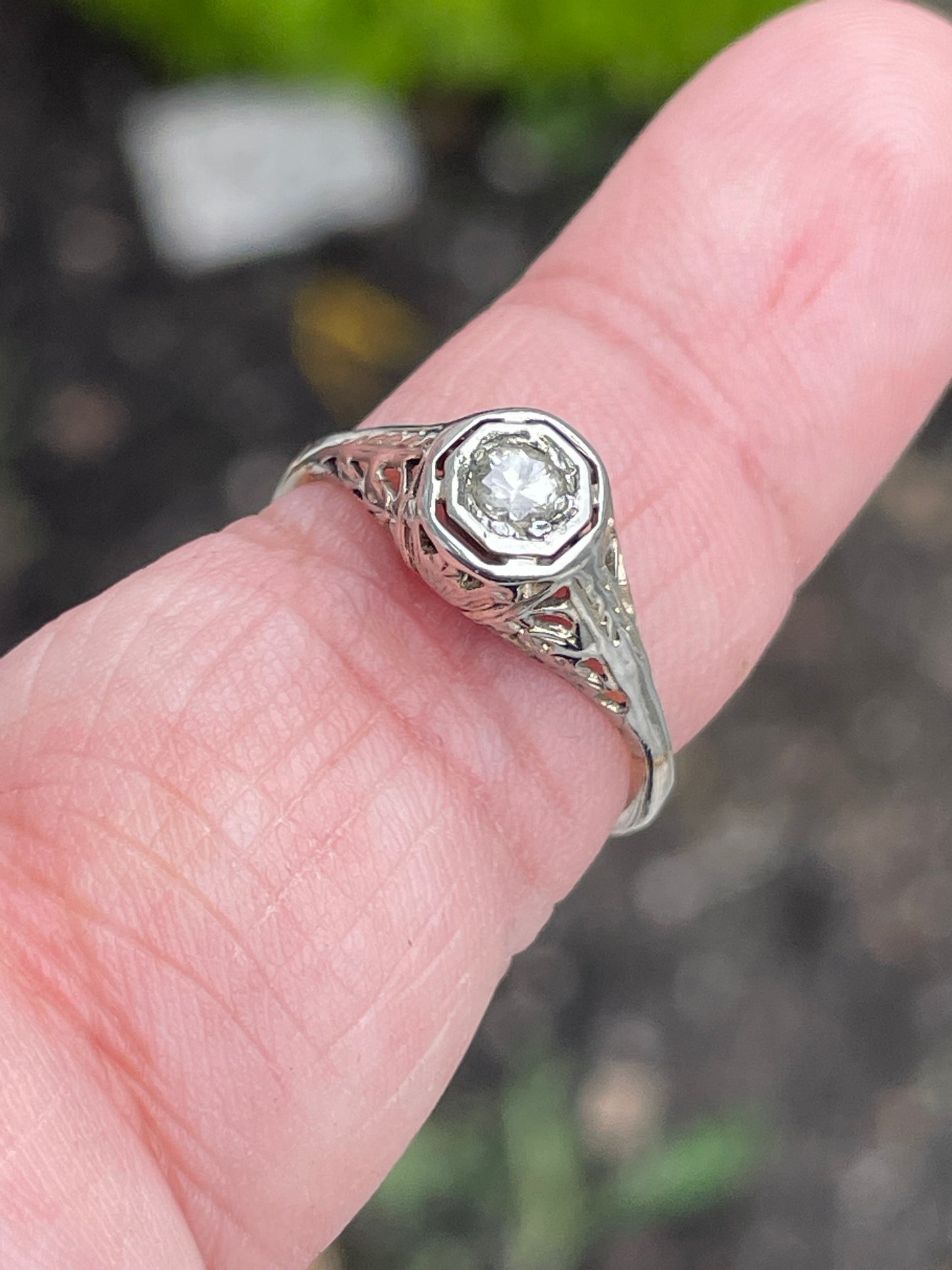 14k Solid White Gold & Platinum Antique Diamond Ring