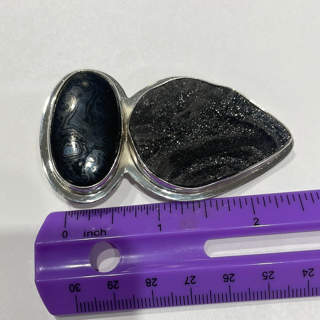 Designer Chris Bales Elligators 925 Sterling Silver Black Druzy & Onyx Pin Pendant