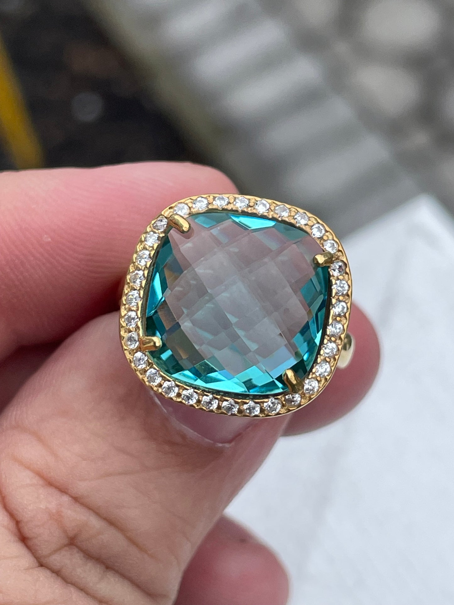 925 Sterling Silver Vermeil Caribbean Blue Topaz 14x14mm Albion Ring Size 8
