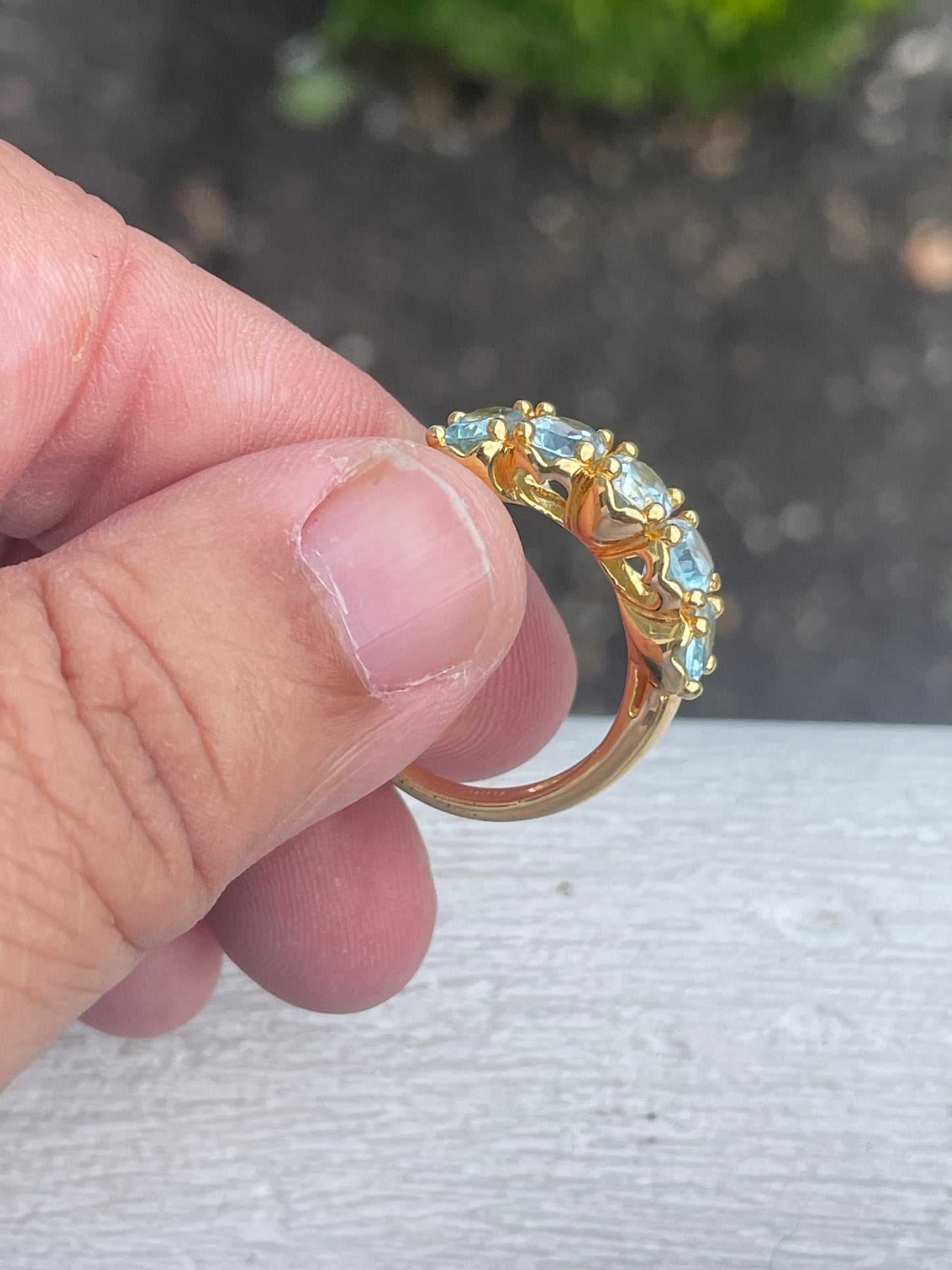 925 Sterling Silver Vermeil Sky Blue Topaz Stone Band Ring Size 9