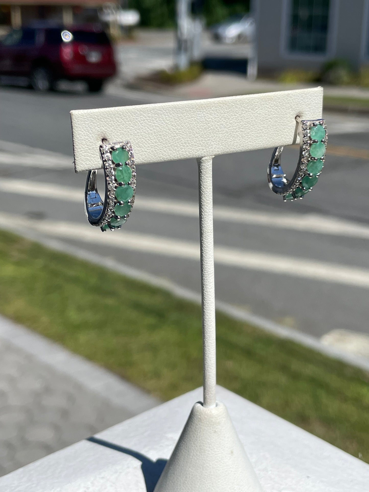 925 Sterling Silver Natural Emerald Hoop Earrings