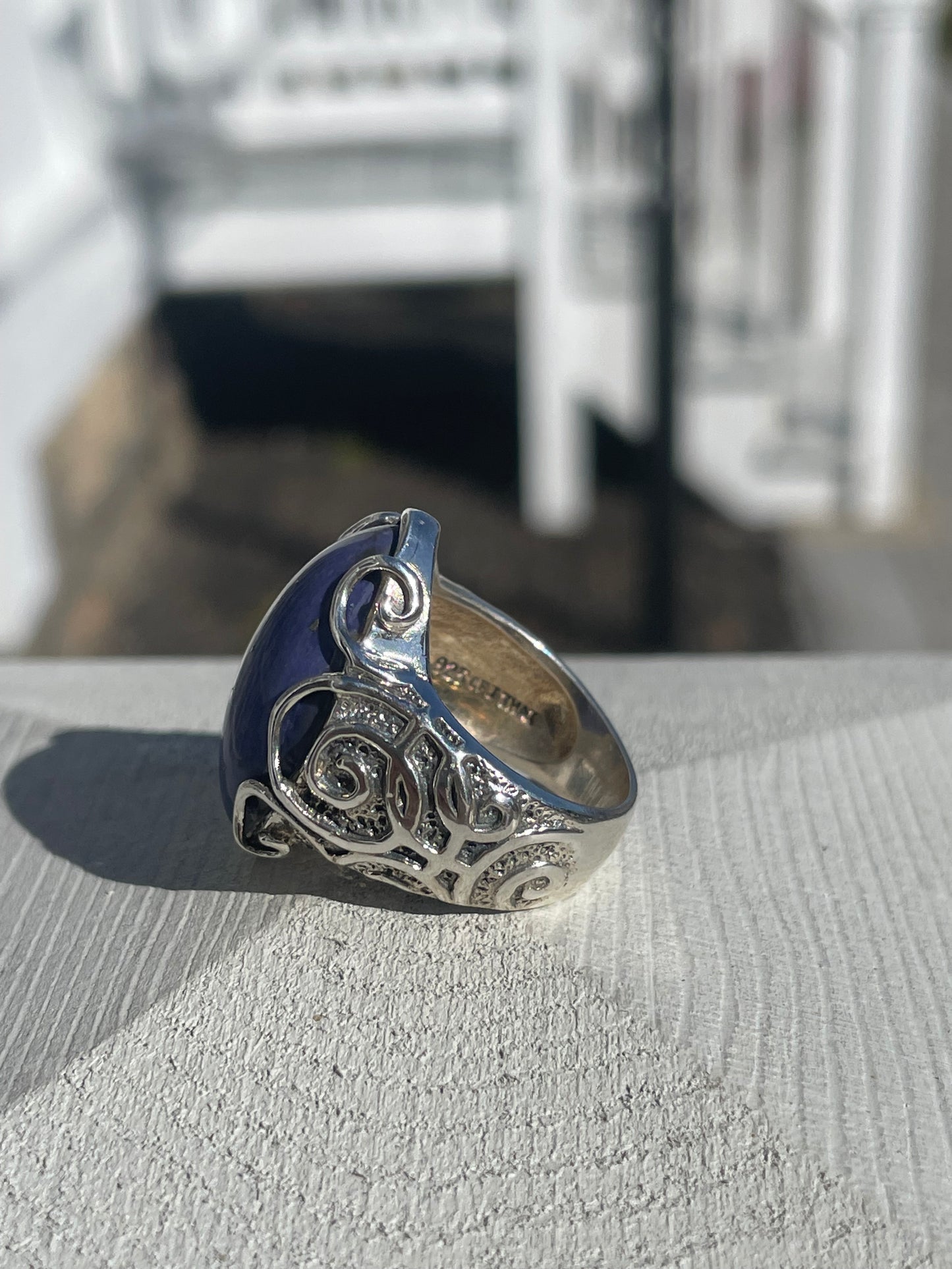 925 Sterling Silver Large Curved Rhombus Blue Lapis Statement Ring Size 8