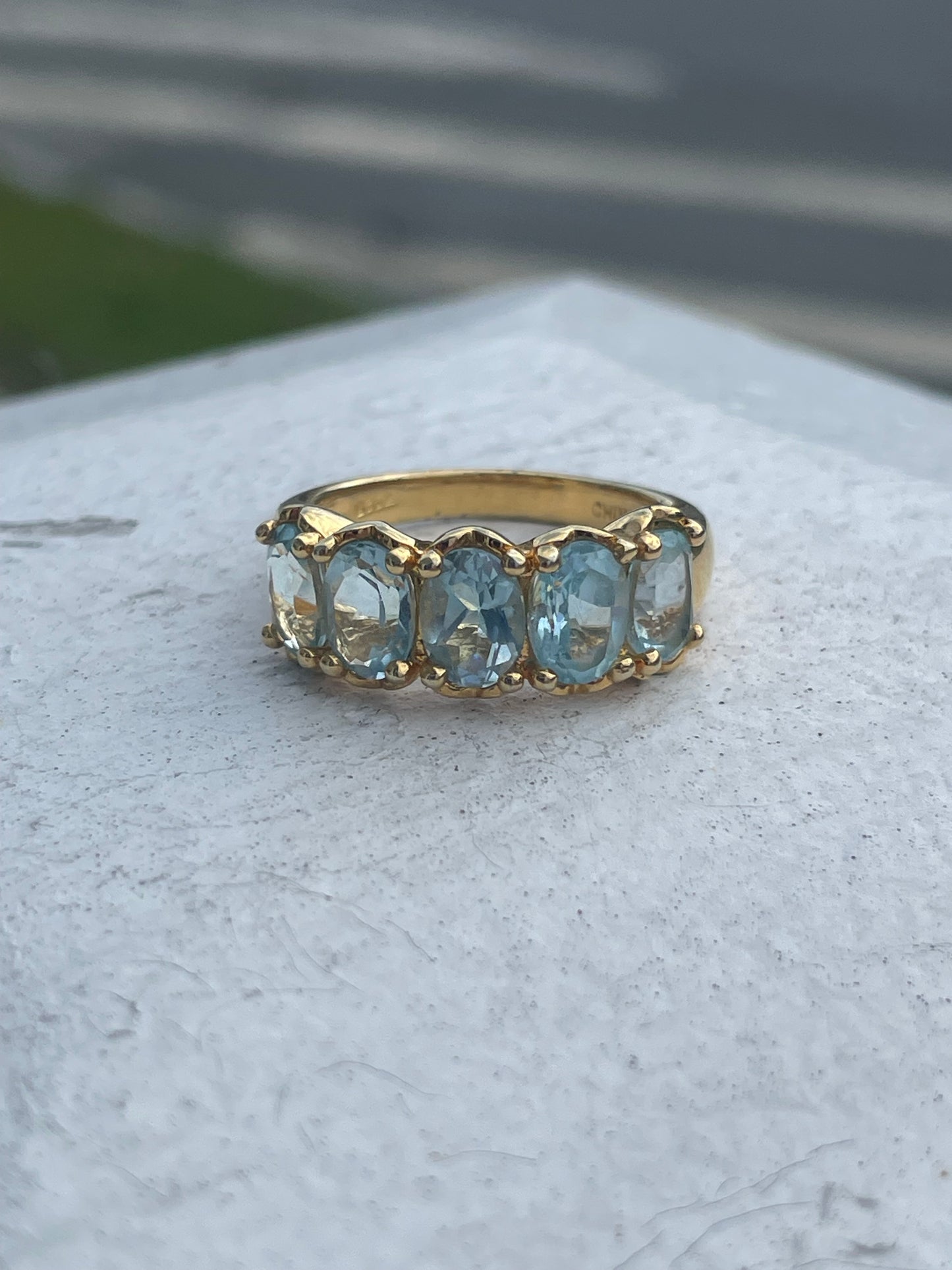 925 Sterling Silver Vermeil Sky Blue Topaz Stone Band Ring Size 9