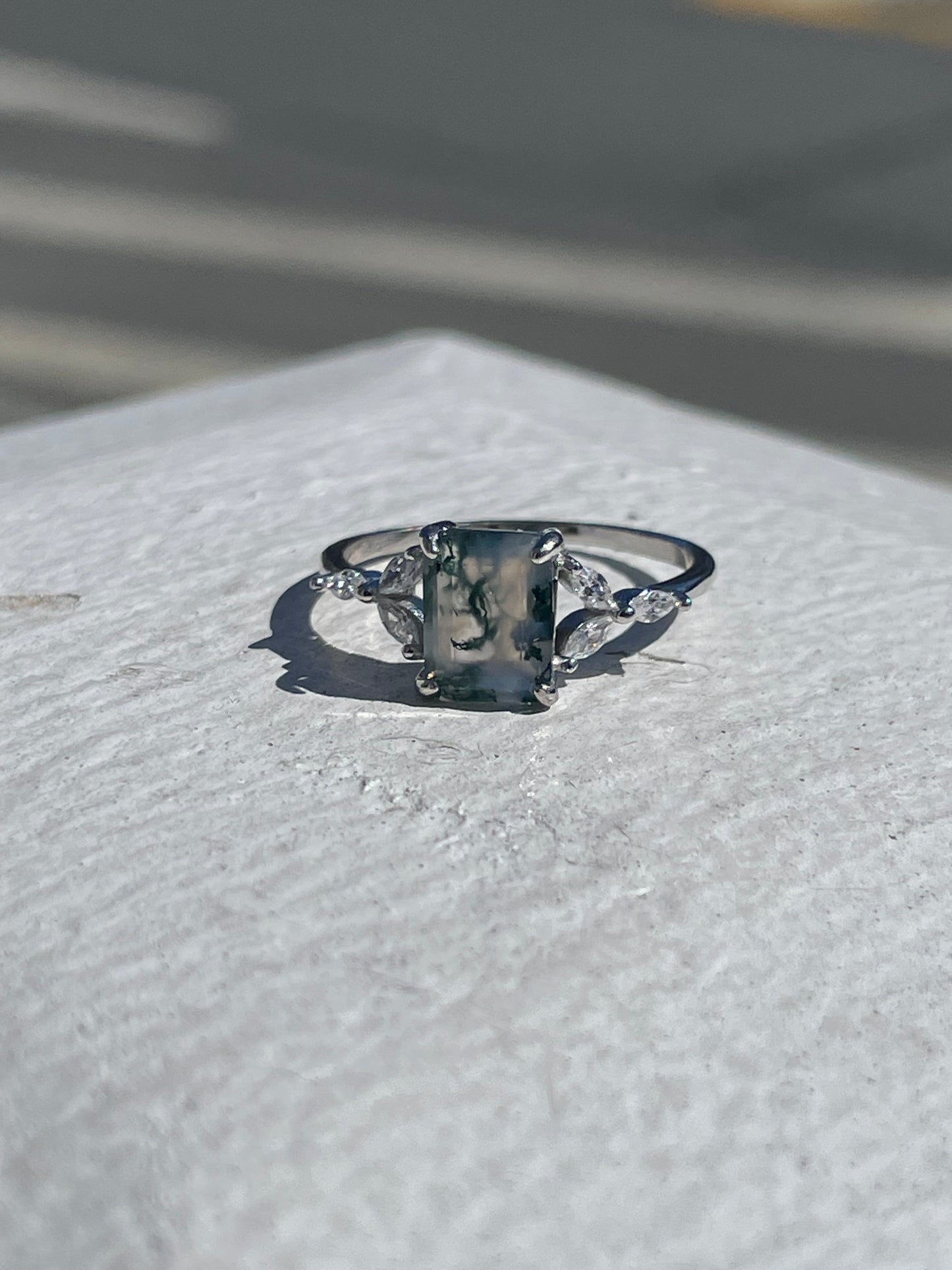 925 Sterling Silver Mossy Agate & Cz Solitaire Ring Size 7.25