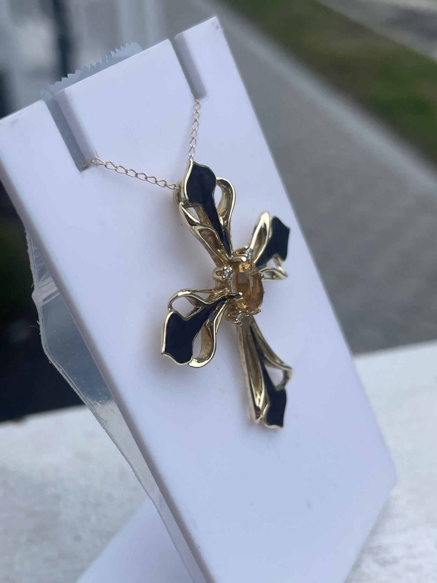 14k Gold Citrine Diamond & Purple Enamel Fancy Cross Necklace Signed FM 86.