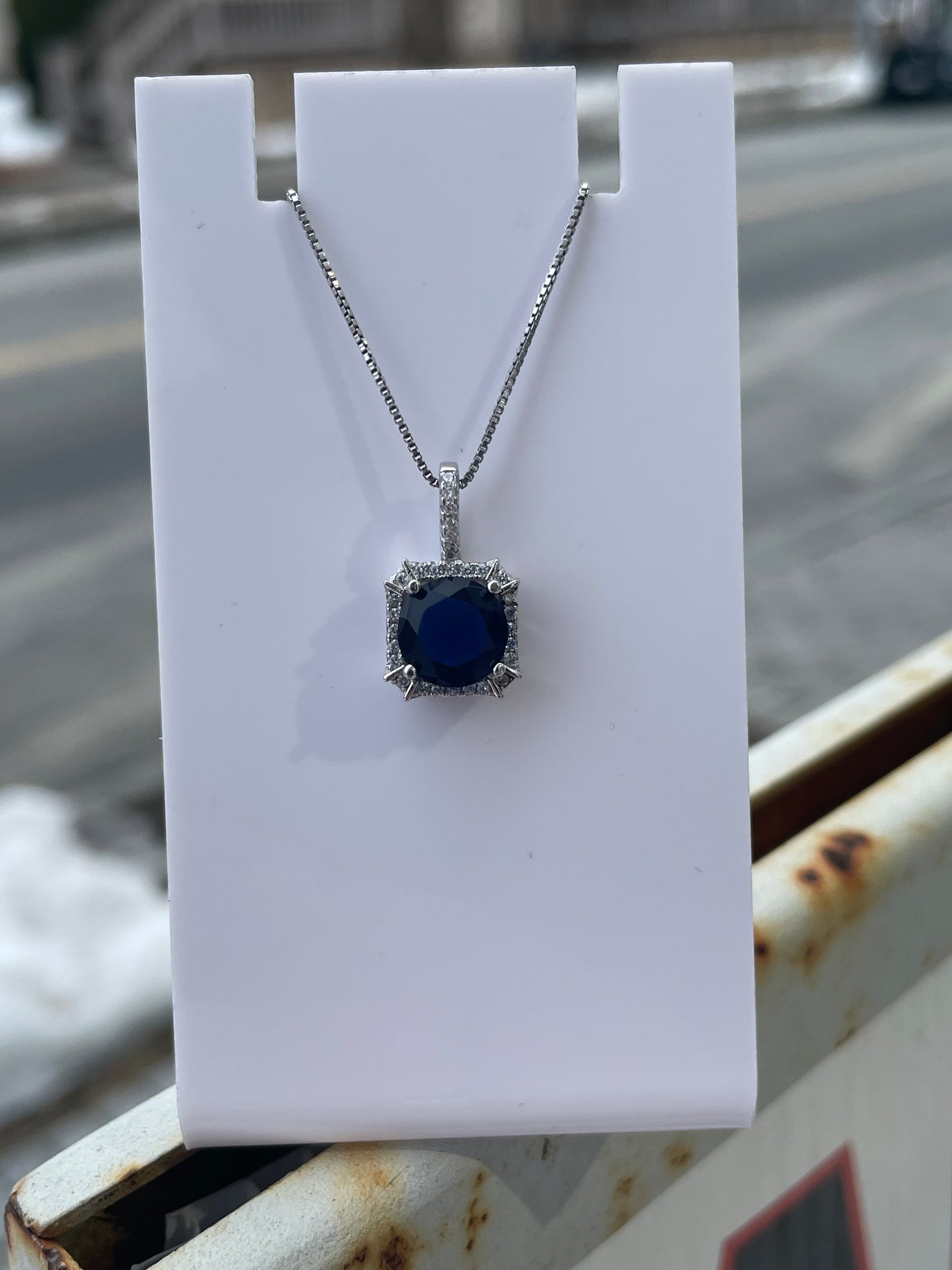 925 Sterling Silver Lab Created Sapphire & Cz Halo Solitaire Necklace
