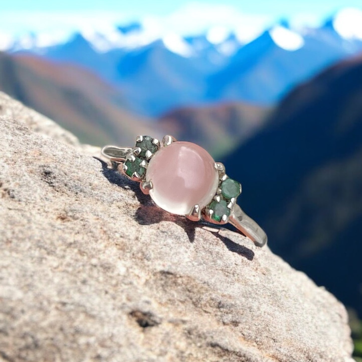 925 Sterling Silver Moonstone & Emerald Cluster Ring Size 6.5