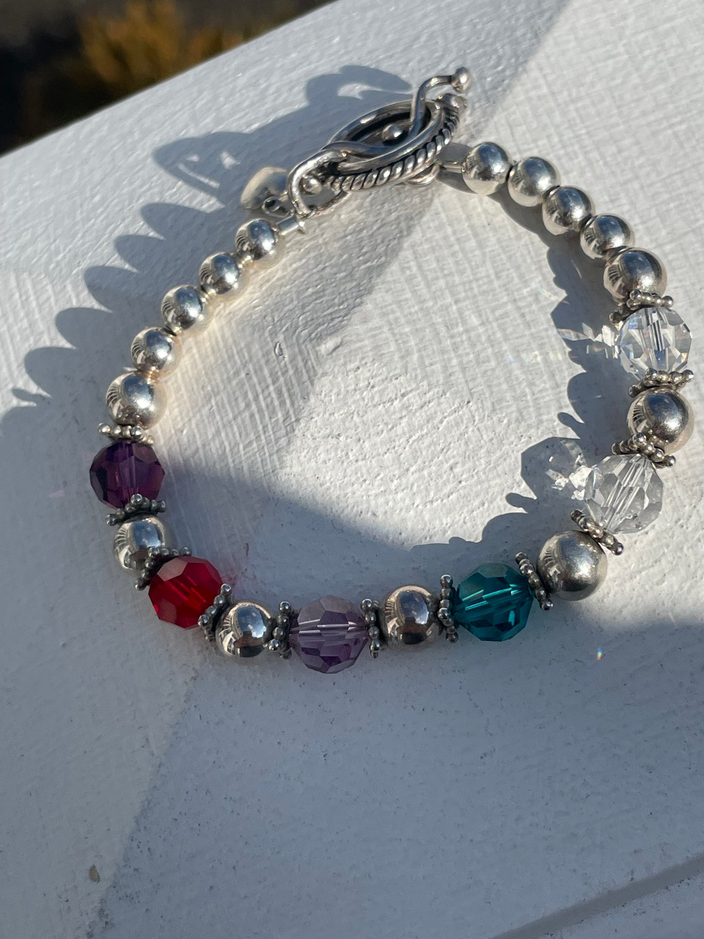 925 Sterling Silver Colored Crystal Beaded Bracelet 7.5”