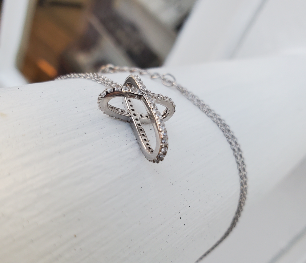 925 Sterling Silver Paperclip Cross Zirconia Necklace
