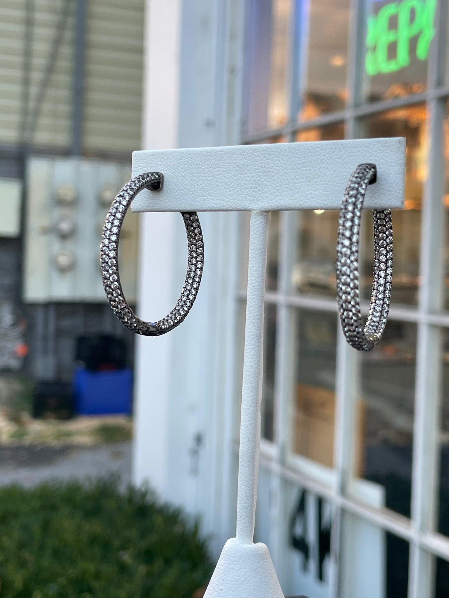925 Sterling Silver Lots O Sparkle Oxidized Hoop Earrings