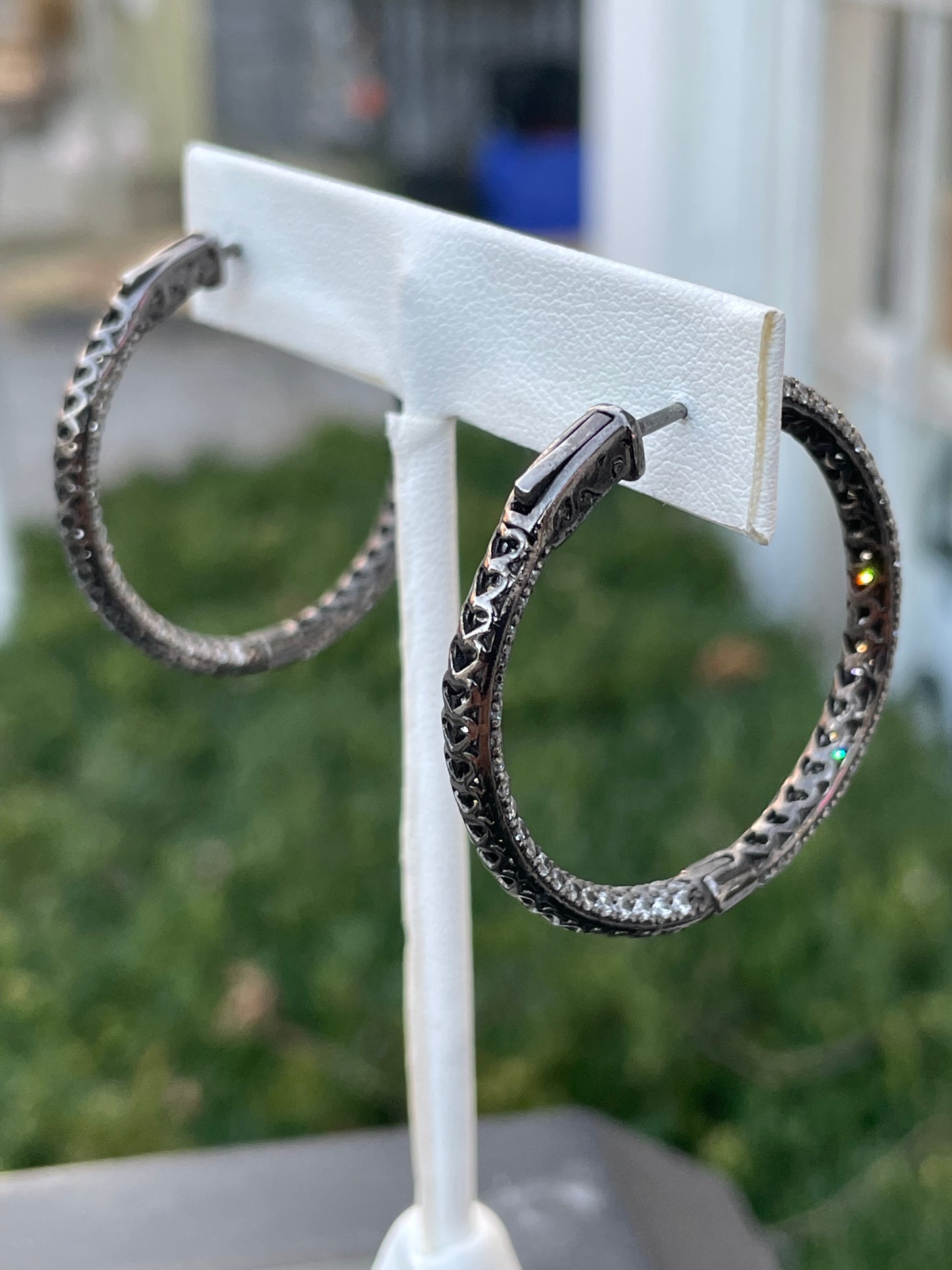 925 Sterling Silver Lots O Sparkle Oxidized Hoop Earrings