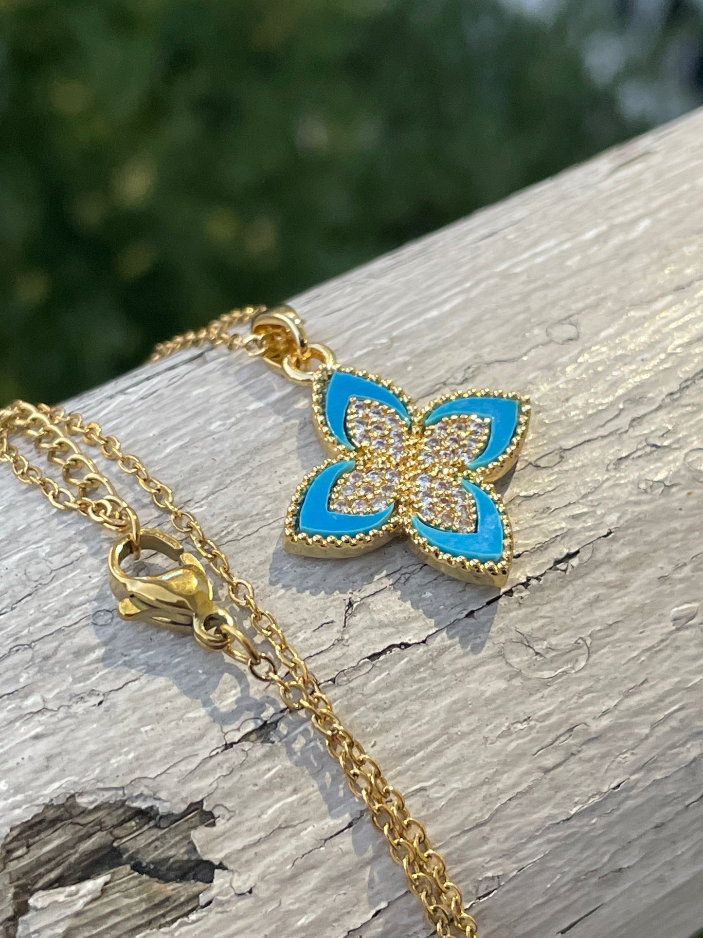 Stainless Steel Vermeil Blue Flower Cz Necklace